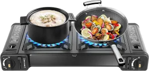 Portable 2-Burner Camping Stove, Double Butane Stove with Grill Tray 7848 BTU, Piezo Ignition, Lightweight Design, Ideal for Outdoor Cooking and BBQ