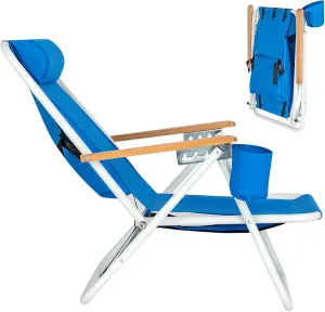 Portable Beach Chairs for Adults, High Strength Beach Chair with Adjustable Headrest Blue, Cup Holder for Outdoor/Lawn/Picnic/Sand, Foldable Camping Chair