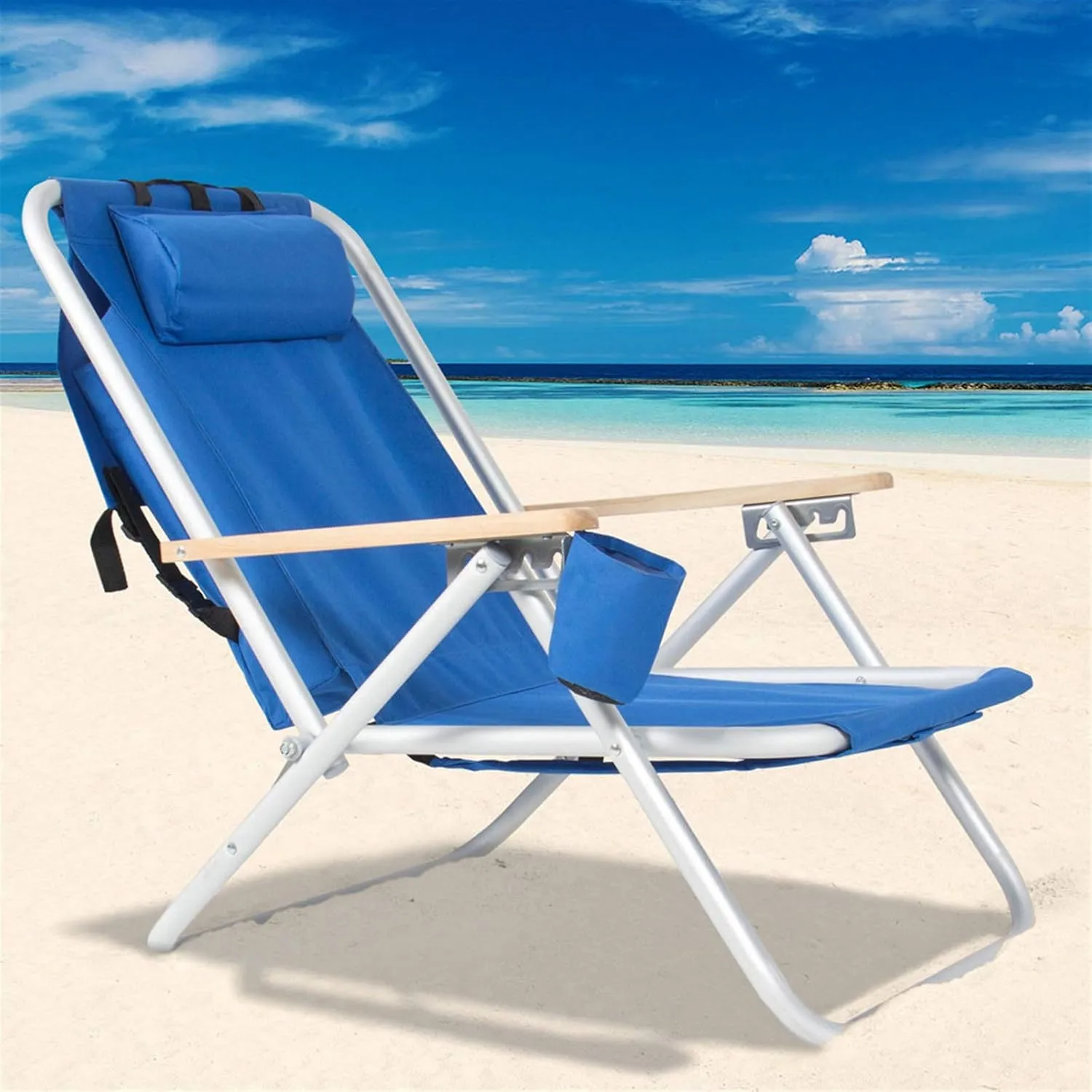 Portable Beach Chairs for Adults, High Strength Beach Chair with Adjustable Headrest Blue, Cup Holder for Outdoor/Lawn/Picnic/Sand, Foldable Camping Chair