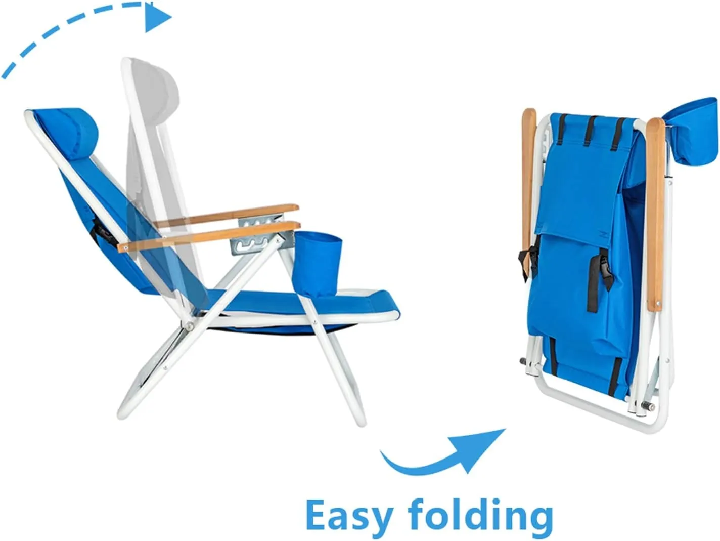 Portable Beach Chairs for Adults, High Strength Beach Chair with Adjustable Headrest Blue, Cup Holder for Outdoor/Lawn/Picnic/Sand, Foldable Camping Chair