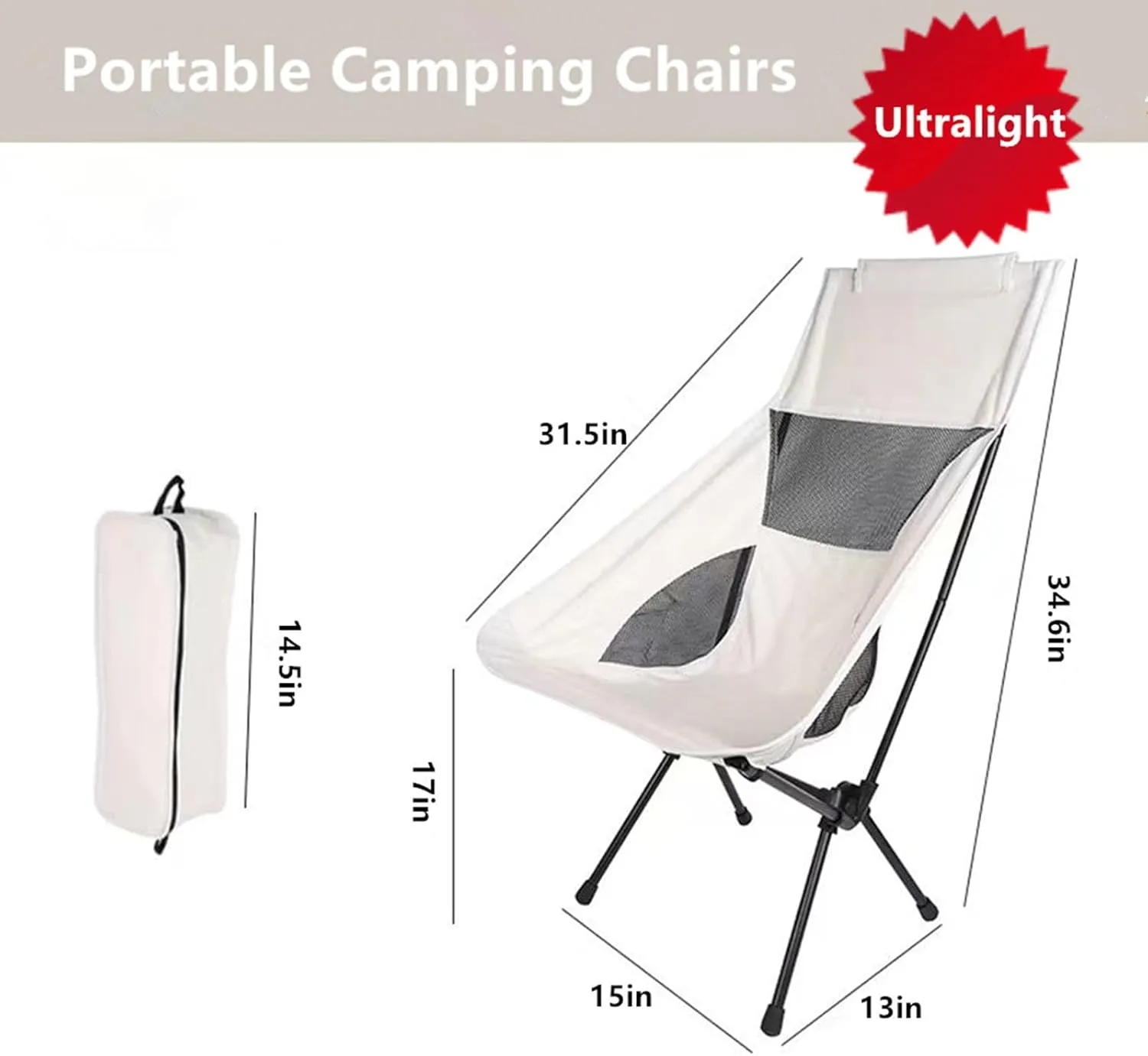 Portable Camping Chair Folding Backpacking Chair Lightweight Outdoor Camp Chair with Storage Bag,Beach Chair with Pillow for Travel,Sports,Picnic,Hiking, Backpacking (White)