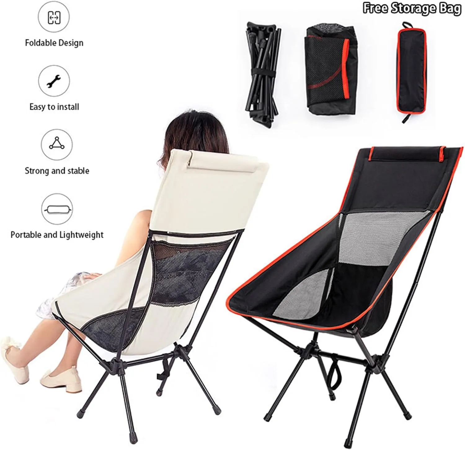 Portable Camping Chair Folding Backpacking Chair Lightweight Outdoor Camp Chair with Storage Bag,Beach Chair with Pillow for Travel,Sports,Picnic,Hiking, Backpacking (White)