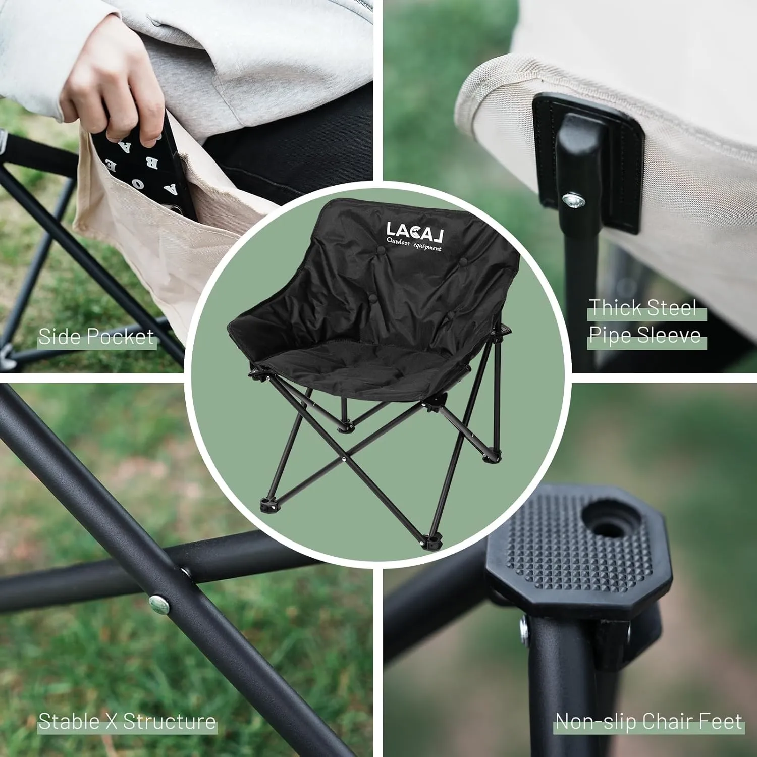 Portable Camping Chair, Outdoor Folding Chair, Oxford Cloth Backpacking Chair with Aluminum Frame,264lbs Support,No Installation Required(Black Cotton Padded,1 Pack)