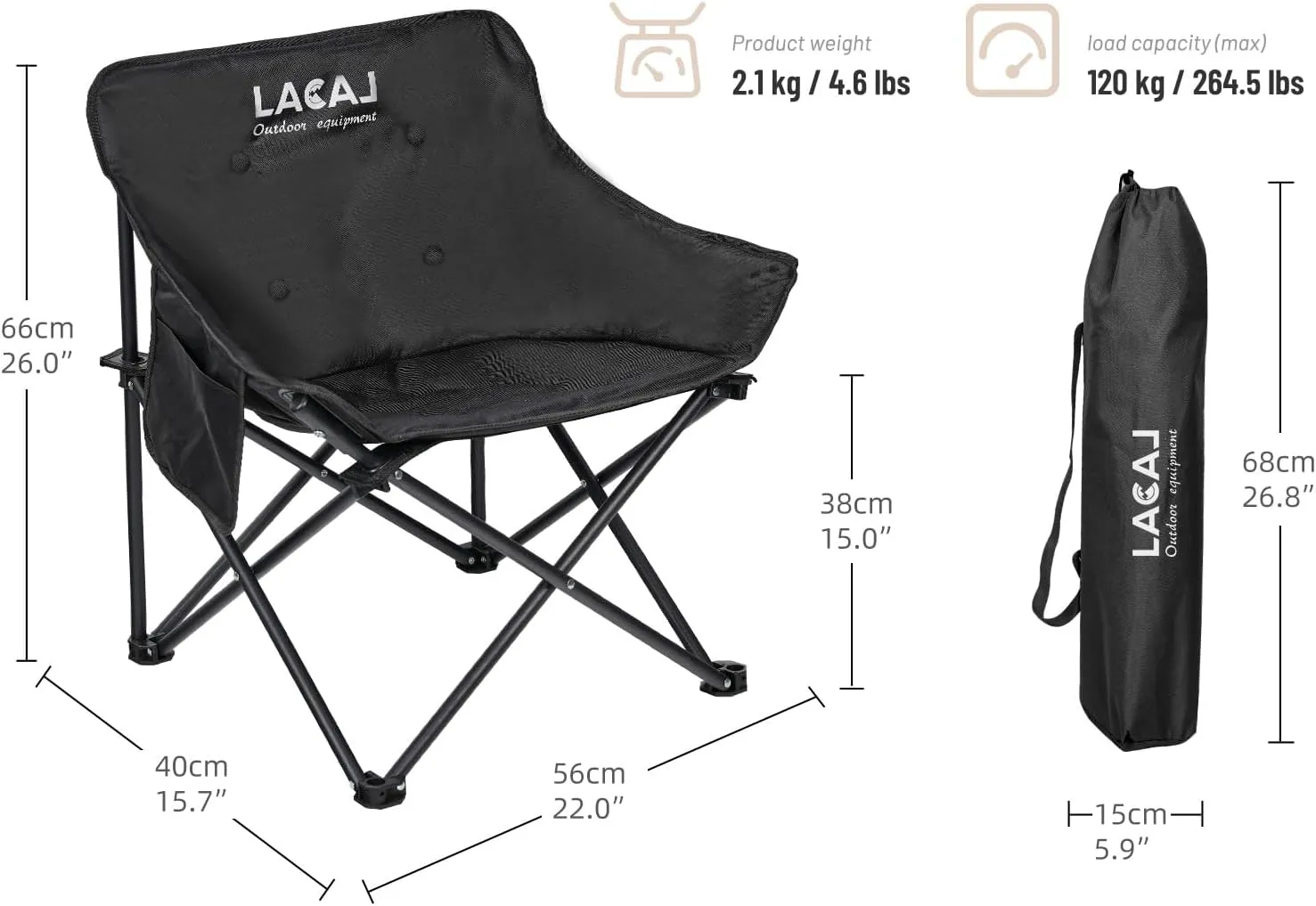 Portable Camping Chair, Outdoor Folding Chair, Oxford Cloth Backpacking Chair with Aluminum Frame,264lbs Support,No Installation Required(Black Cotton Padded,1 Pack)