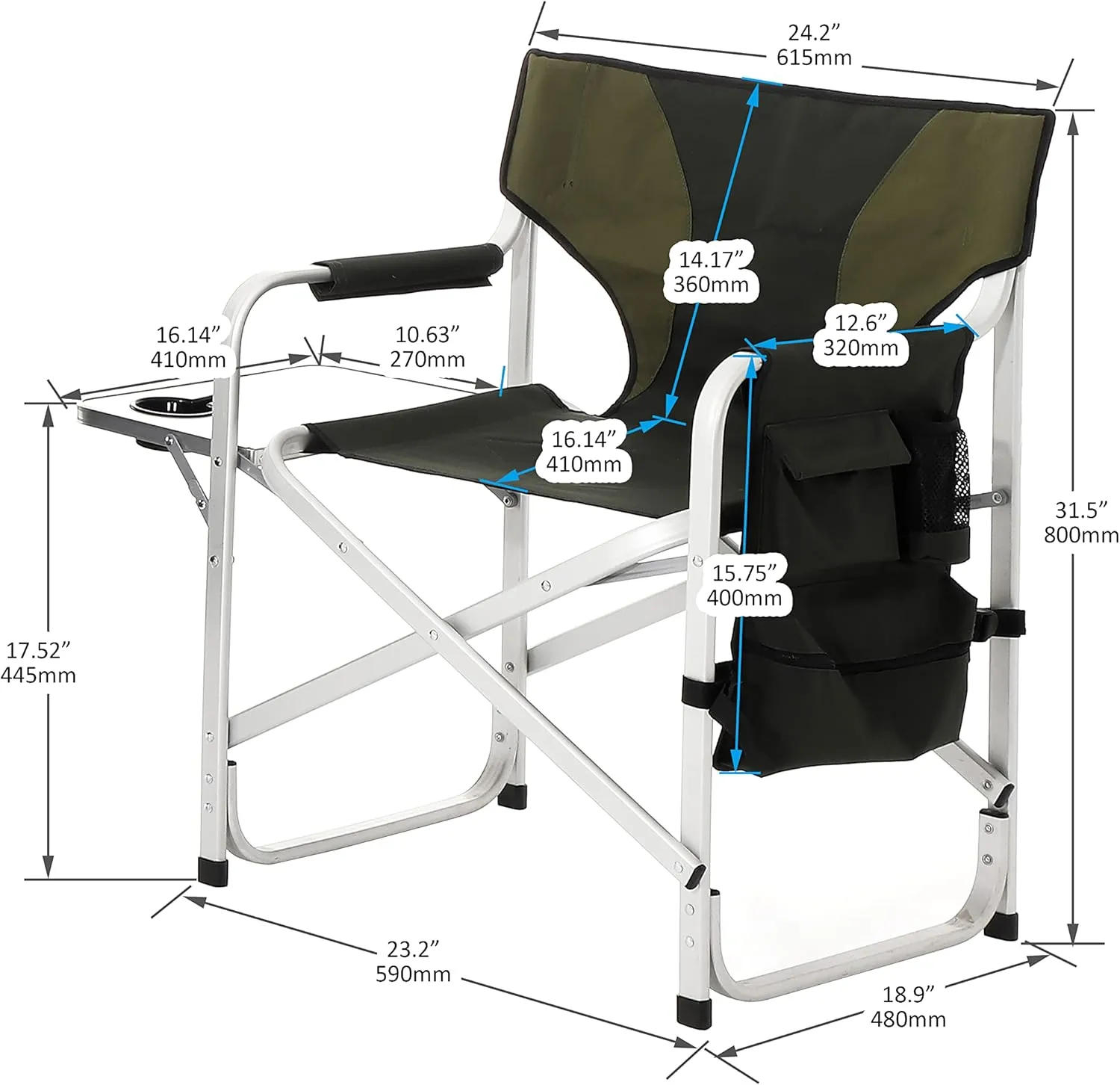 Portable Camping Chairs, Folding Outdoor Chair with Side Table Storage Bag, Beach Lawn Sling Chairs Deck Eazy Chair Oversized Padded for Picnics Fishing, Green