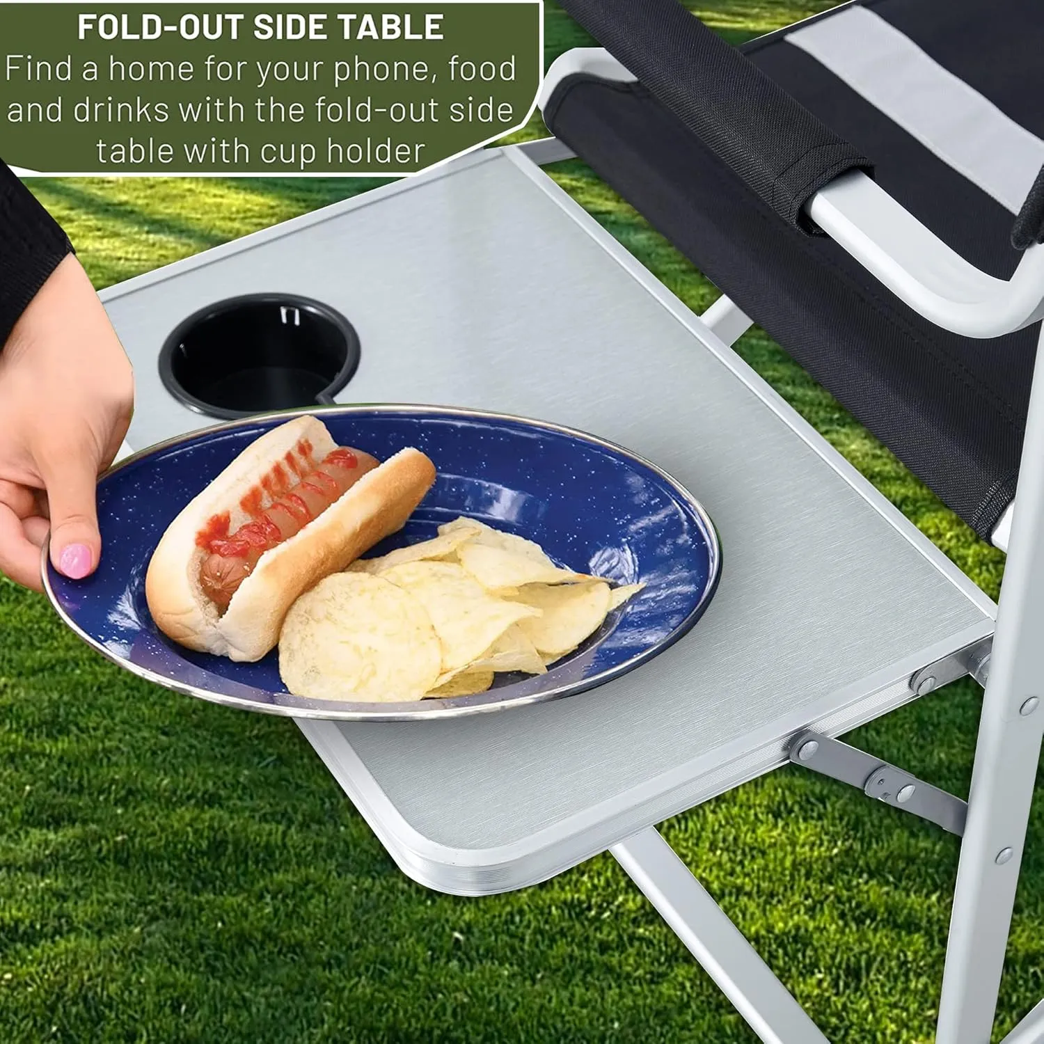 Portable Camping Chairs, Folding Outdoor Chair with Side Table Storage Bag, Beach Lawn Sling Chairs Deck Eazy Chair Oversized Padded for Picnics Fishing, Green