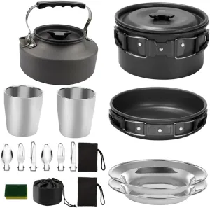 Portable Camping Cookware Set 2-3 Person Outdoor Cooking Kit Aluminum Pots Pans Eating Set Dishware Cooking Tools