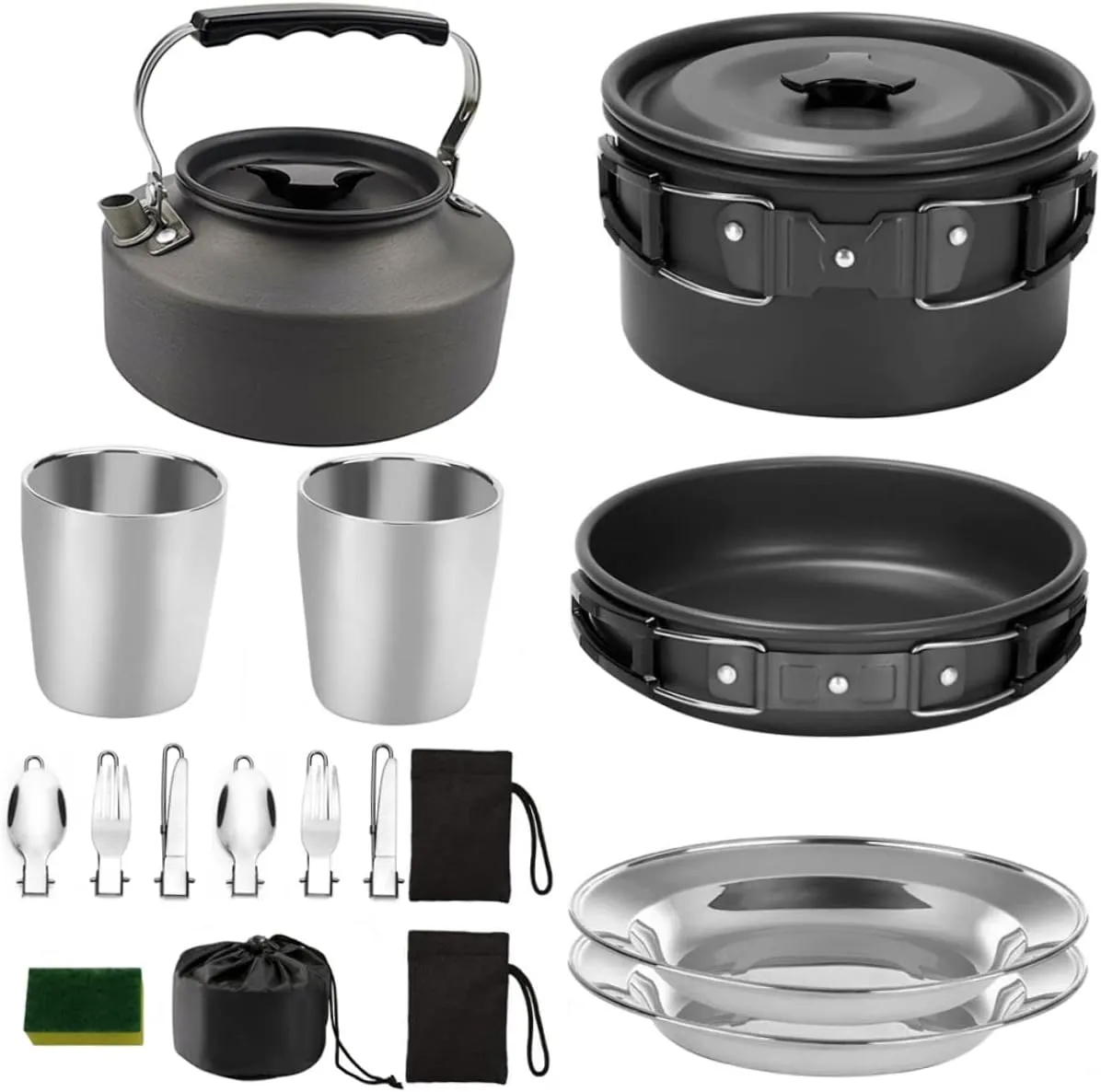 Portable Camping Cookware Set 2-3 Person Outdoor Cooking Kit Aluminum Pots Pans Eating Set Dishware Cooking Tools