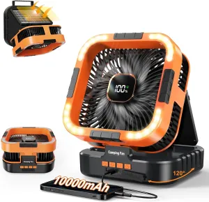 Portable Camping Fan with Solar Panel, 10000mAh Solar Powered fan, 6 Speed Levels, 120° Oscillation, 3 Light Modes, 6H Timer, Handle, Foldable Rechargeable Outdoor Fan for Tent, Hiking, Beach