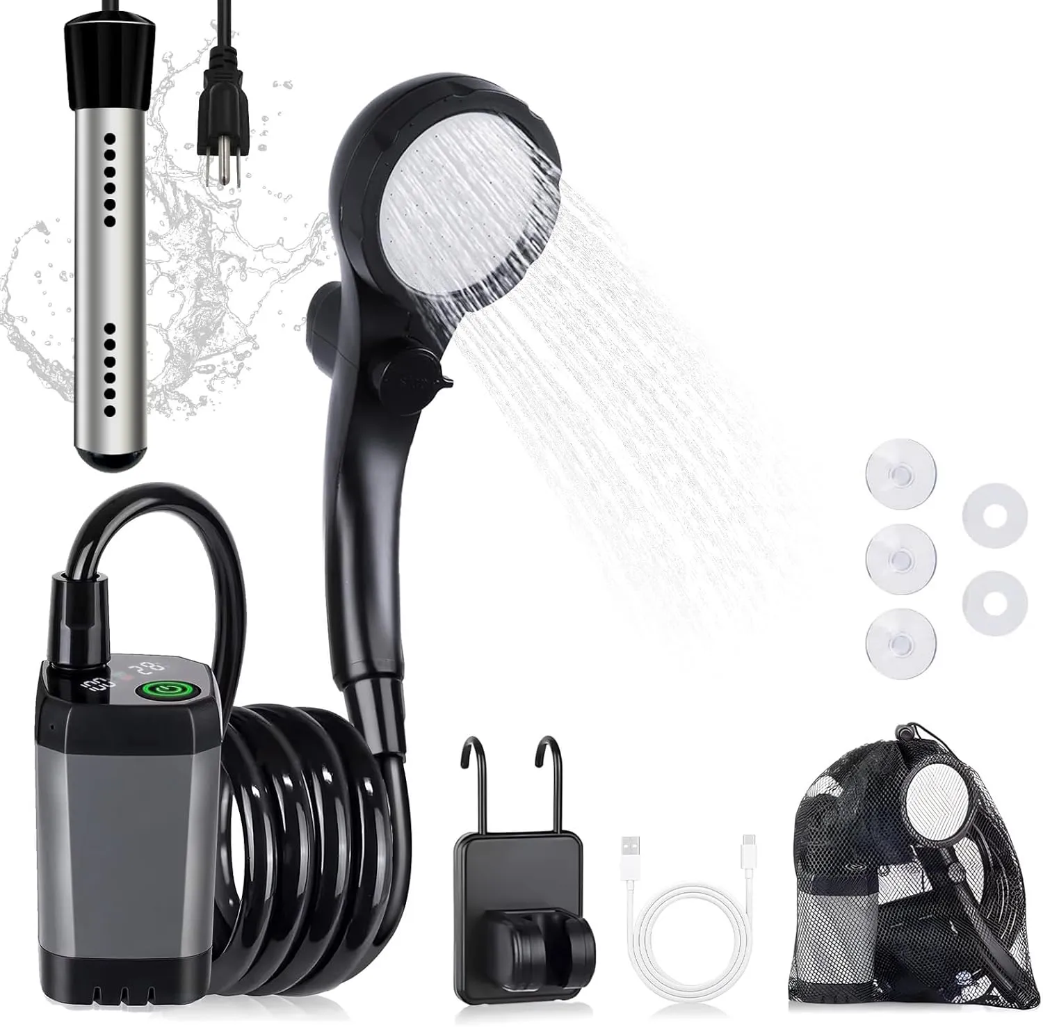 Portable Camping Shower with Heater, 6000mAh Rechargeable Camping Shower with 2000W Immersion Heater, LED Display, Heated Outdoor Shower for Travel, Hiking, Car, Pet