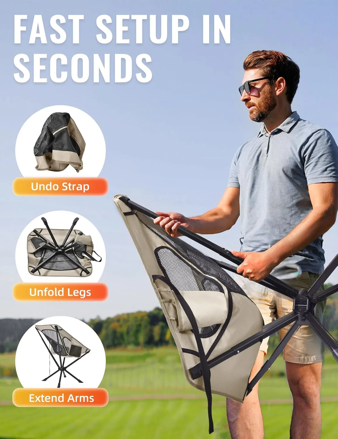 Portable Chairs for Adults Foldable, Fast Setup, Lightweight & Small Folding Chair with Cup Holder, Side Pocket and Carry Bag - Support 350 LBS