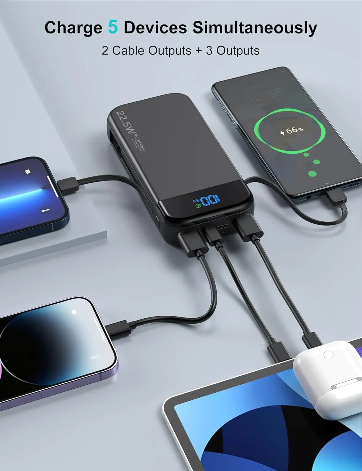 Portable Charger Power Bank 32000mAh with Built in Cables, PD3.0 USB C Fast Phone Charger, 5 Outputs LCD Display Travel Battery Pack Compatible with iPhone, Samsung All Cell Phones (Black)