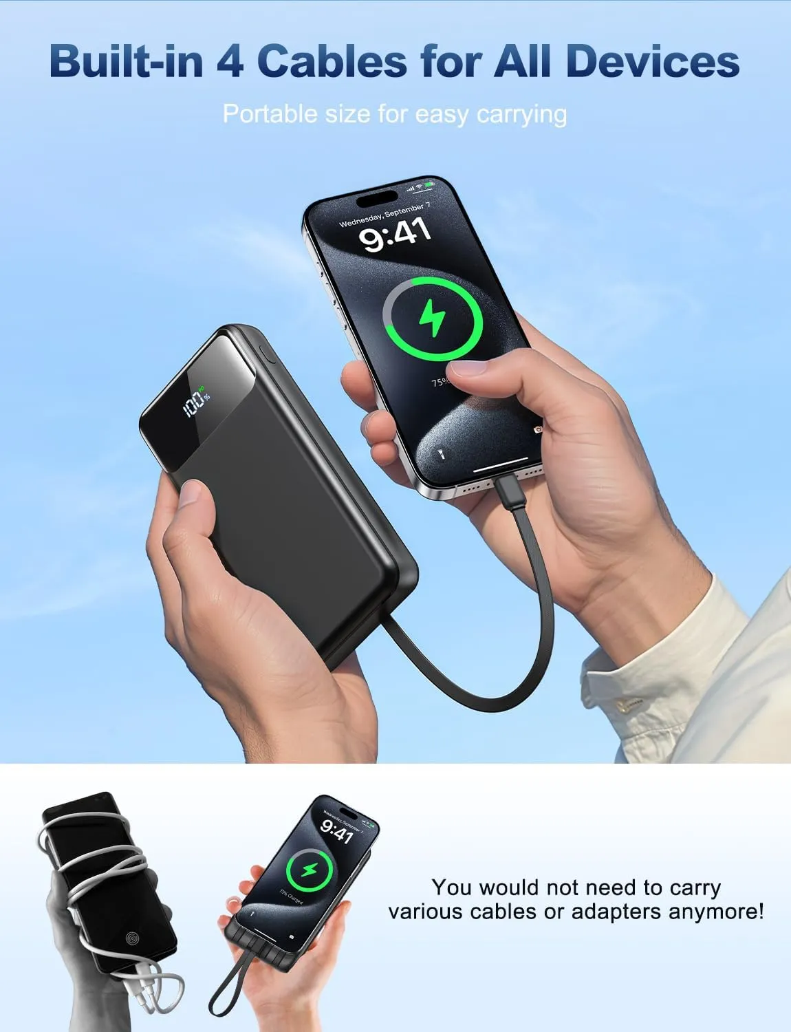 Portable Charger Power Bank 50000mAh Battery Pack, 22.5W Fast Charging PowerBank with Built in Cables,Travel Essential USB-C Portable Phone Charger for iPhone Samsung Pixel Android iPad