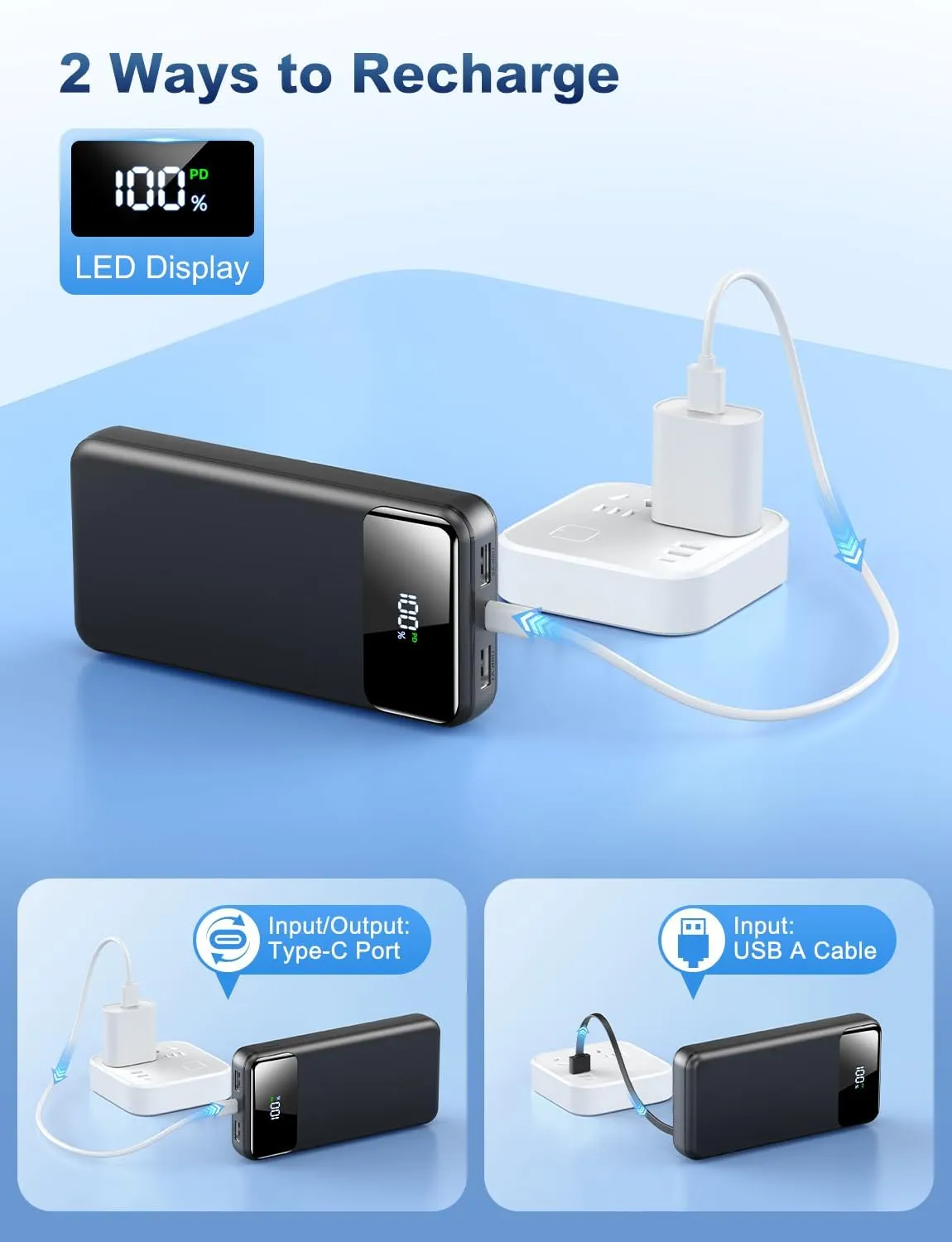 Portable Charger Power Bank 50000mAh Battery Pack, 22.5W Fast Charging PowerBank with Built in Cables,Travel Essential USB-C Portable Phone Charger for iPhone Samsung Pixel Android iPad