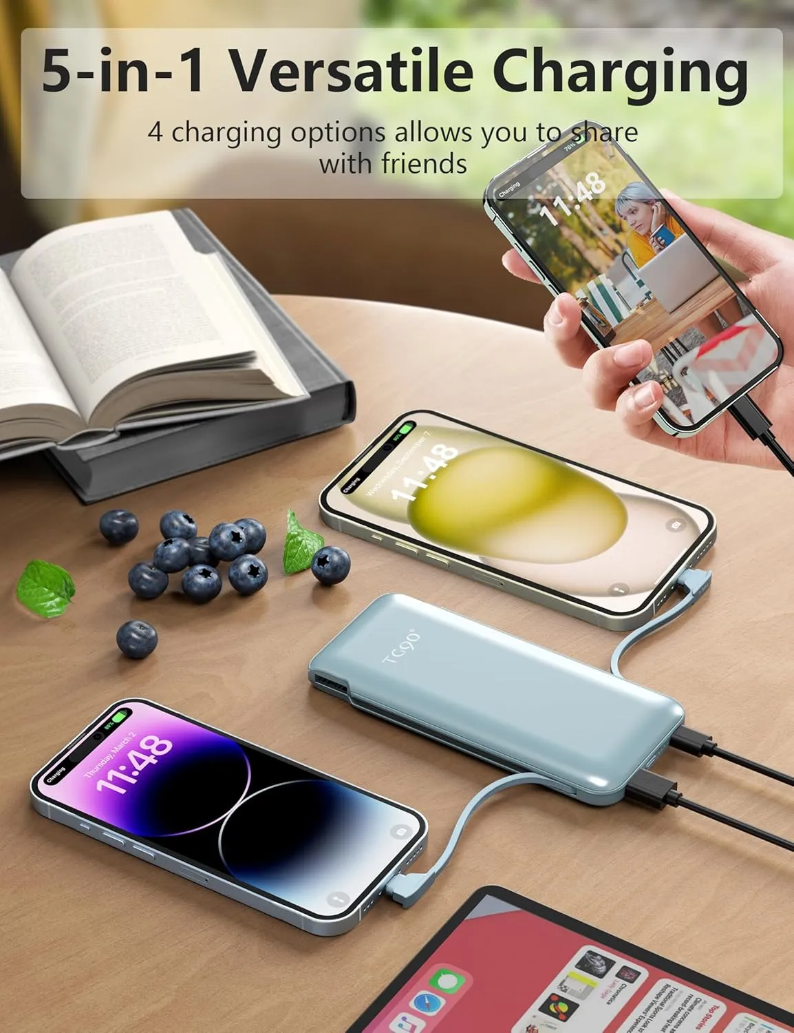 Portable Charger Power Bank with Built-in Cable & AC Plug, 10000mAh Fast USB-C Charger, Slim Mini Battery for iPhone 16/15/14/13/Pro/Max & All USB-C Devices