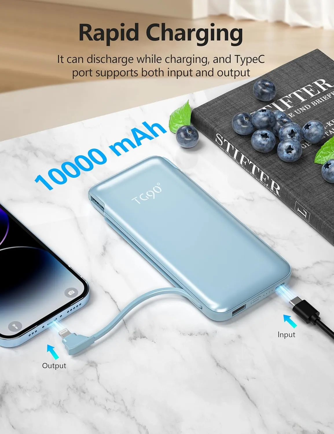 Portable Charger Power Bank with Built-in Cable & AC Plug, 10000mAh Fast USB-C Charger, Slim Mini Battery for iPhone 16/15/14/13/Pro/Max & All USB-C Devices