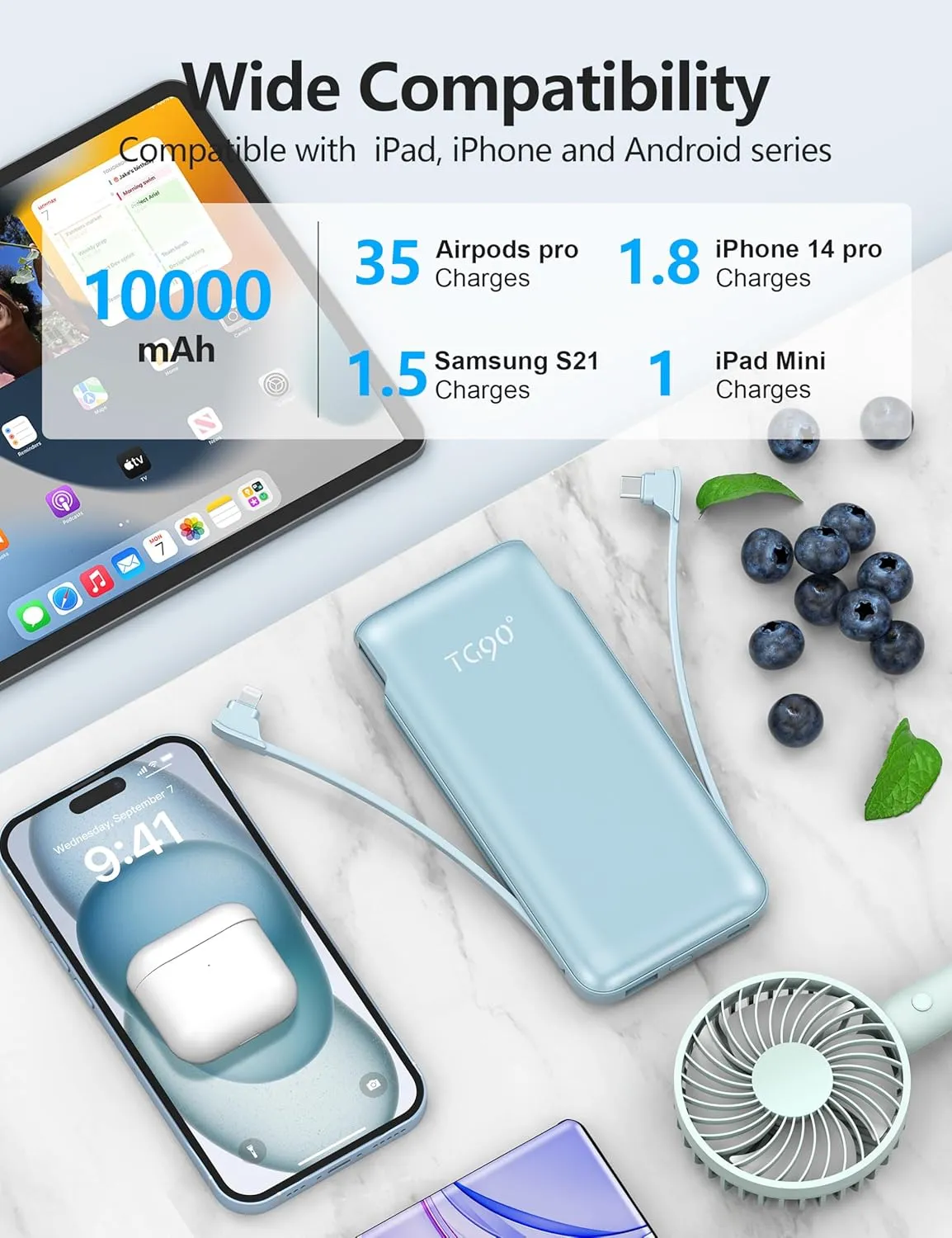 Portable Charger Power Bank with Built-in Cable & AC Plug, 10000mAh Fast USB-C Charger, Slim Mini Battery for iPhone 16/15/14/13/Pro/Max & All USB-C Devices