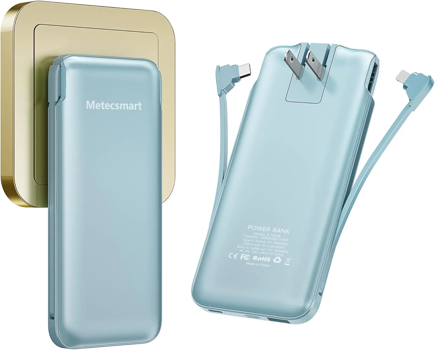 Portable Charger Power Bank with Built-in Cable & AC Plug, 10000mAh Fast USB-C Charger, Slim Mini Battery for iPhone 16/15/14/13/Pro/Max & All USB-C Devices