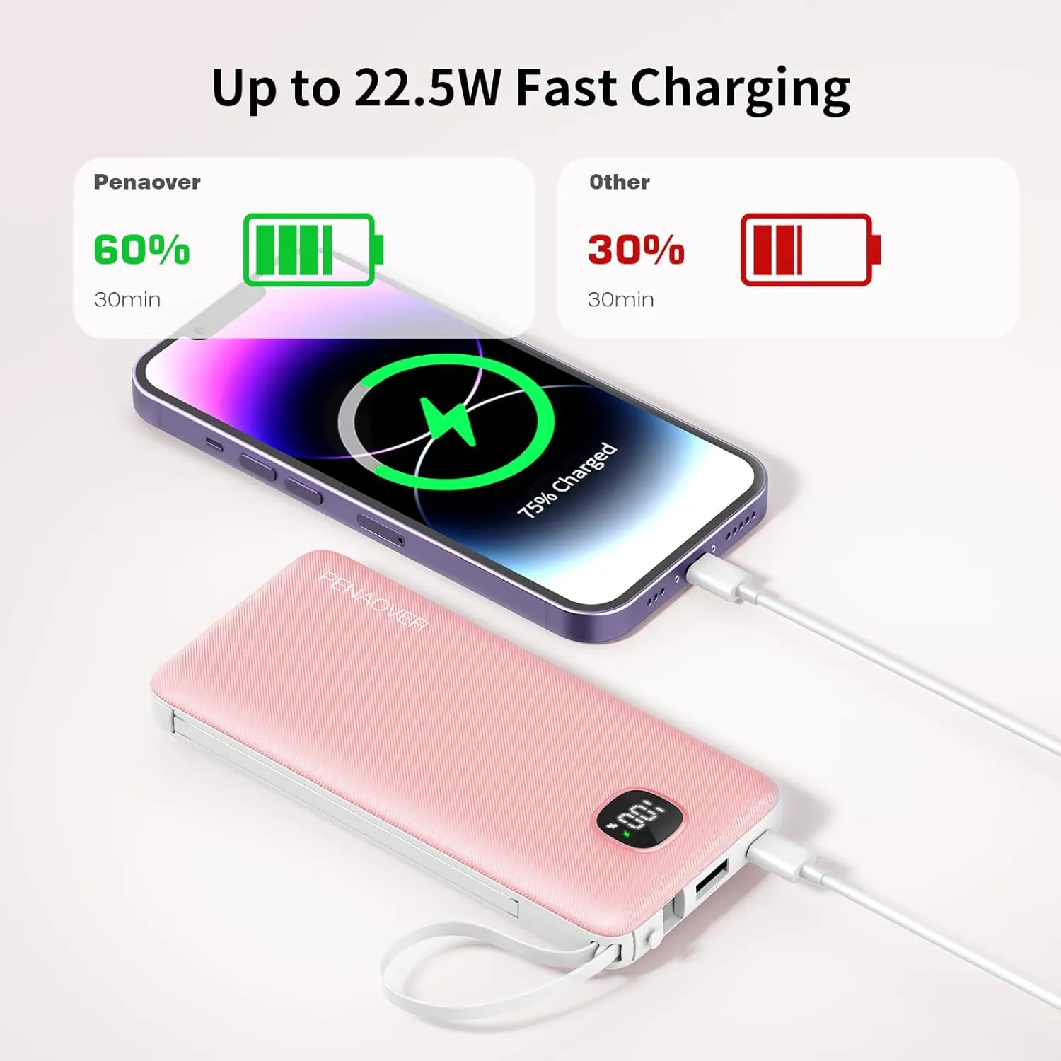 Portable Charger with Built-in Cables&AC Wall Plug,Slim 10000mAh 22.5W Fast Charging Power Bank,5 Output 2 Input USB-C External Battery Pack Compatible with iPhones,Samsung,Android, etc