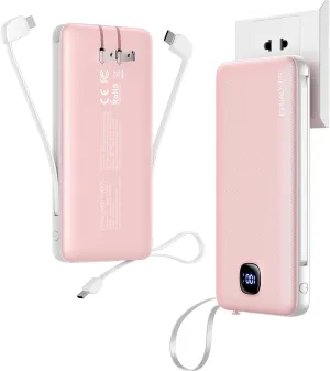 Portable Charger with Built-in Cables&AC Wall Plug,Slim 10000mAh 22.5W Fast Charging Power Bank,5 Output 2 Input USB-C External Battery Pack Compatible with iPhones,Samsung,Android, etc