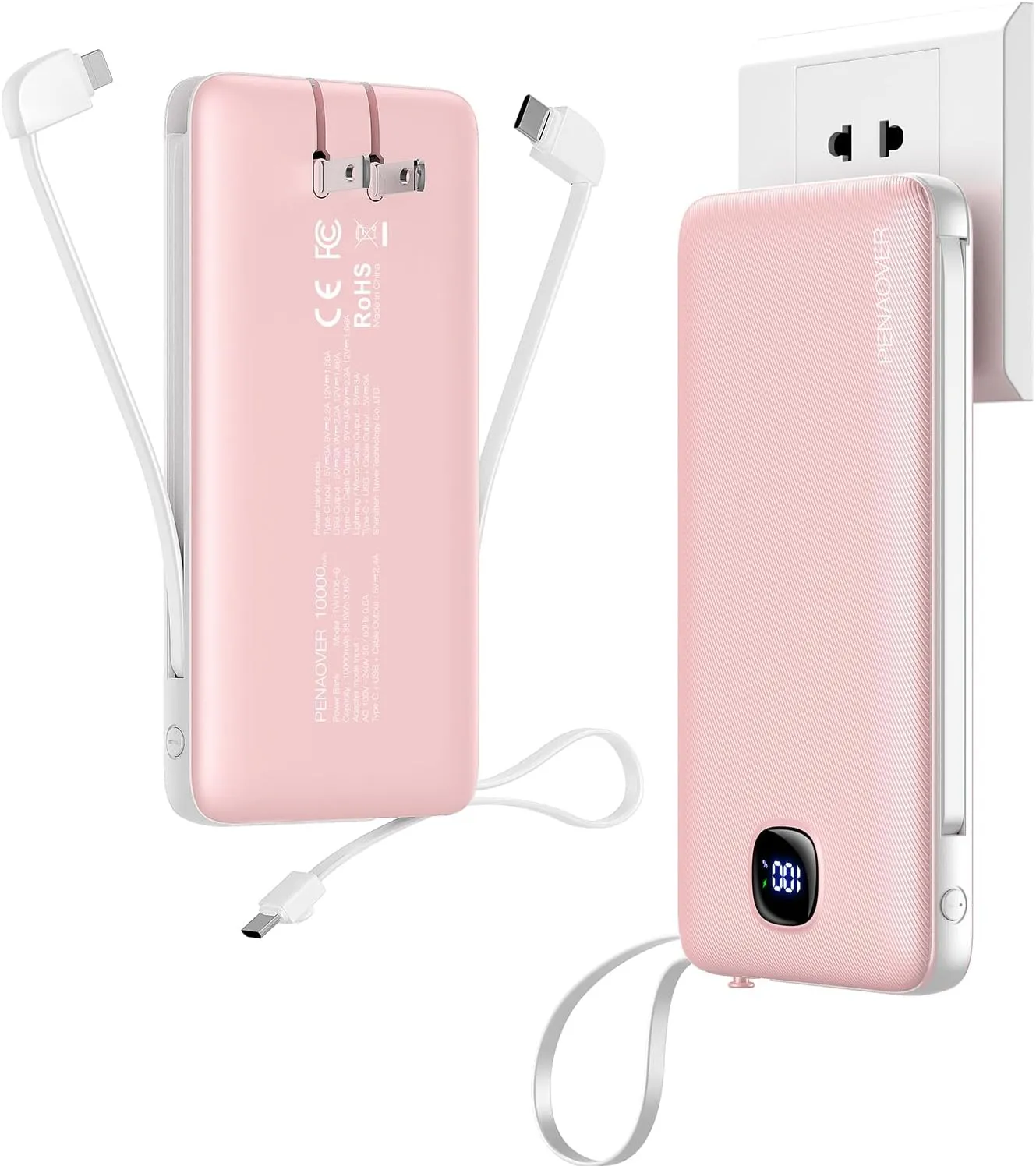Portable Charger with Built-in Cables&AC Wall Plug,Slim 10000mAh 22.5W Fast Charging Power Bank,5 Output 2 Input USB-C External Battery Pack Compatible with iPhones,Samsung,Android, etc