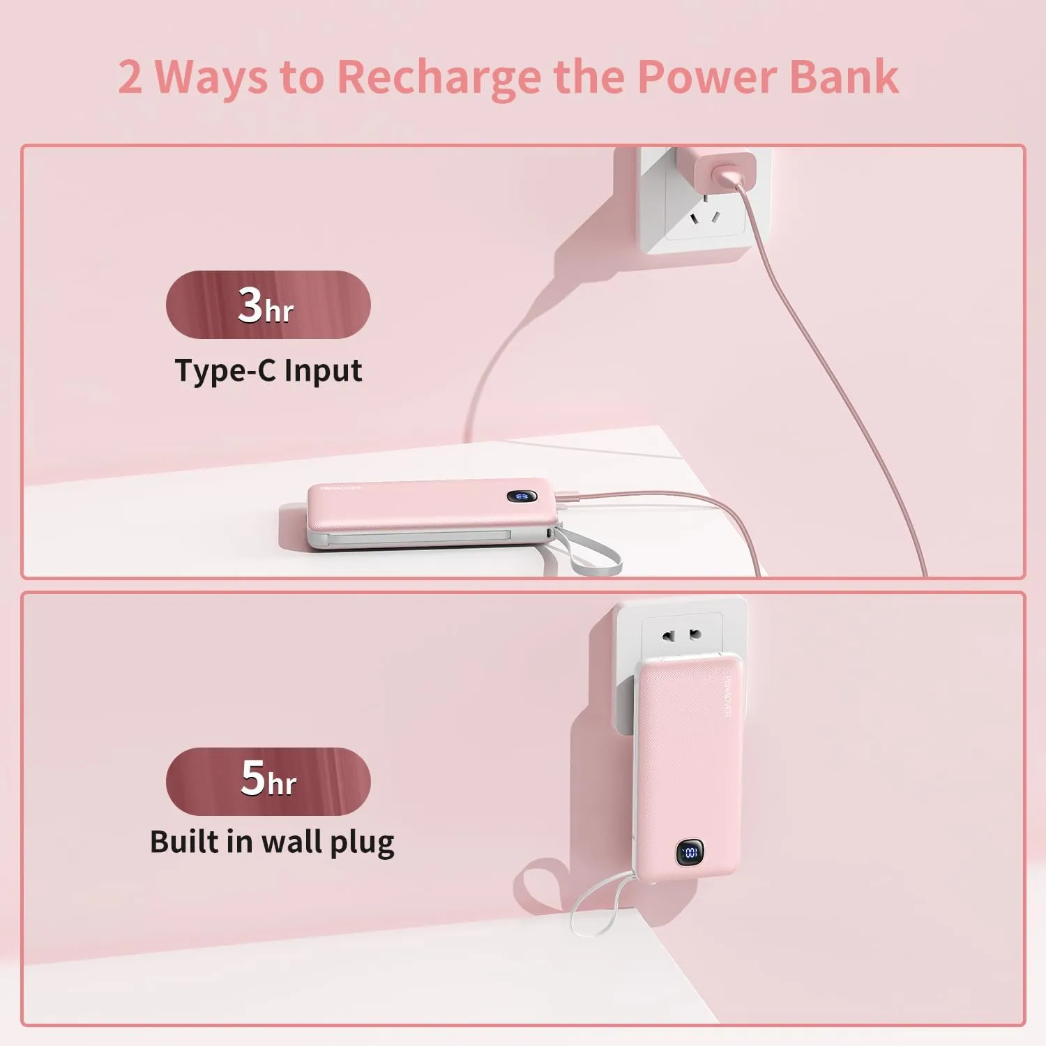 Portable Charger with Built-in Cables&AC Wall Plug,Slim 10000mAh 22.5W Fast Charging Power Bank,5 Output 2 Input USB-C External Battery Pack Compatible with iPhones,Samsung,Android, etc