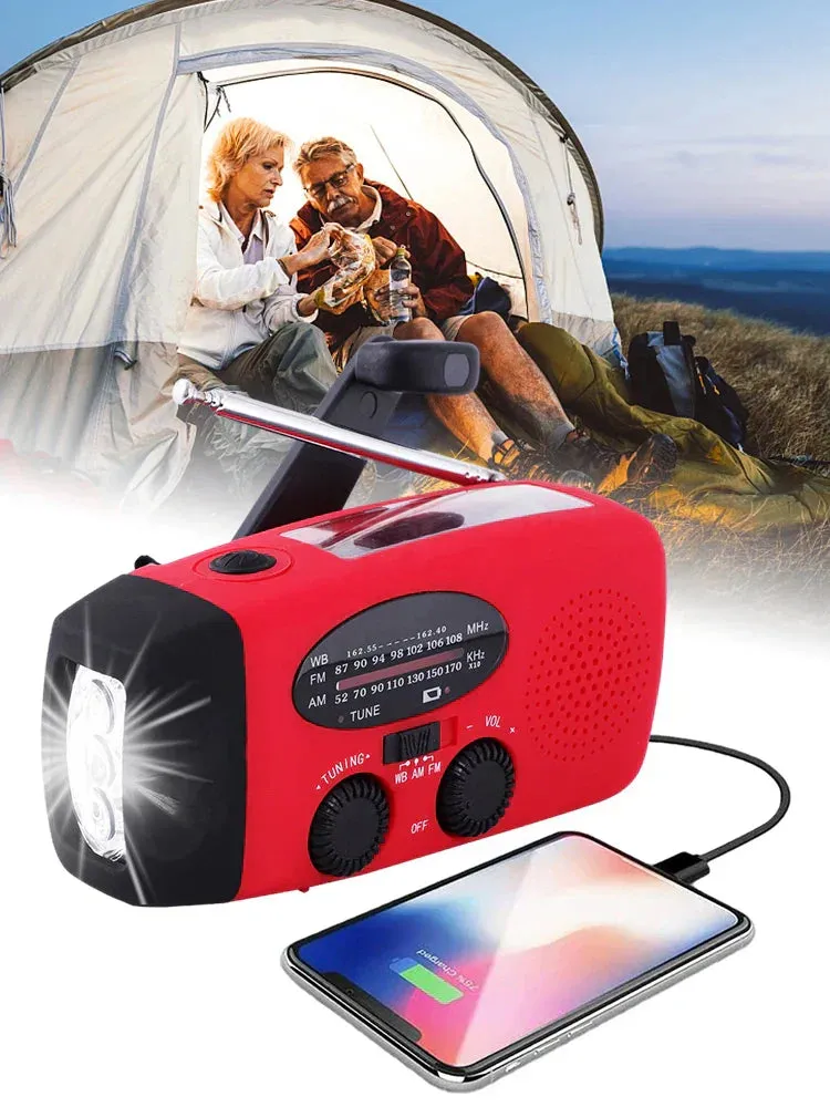 Portable emergency radio with flashlight and power bank solar, hand crank, USB-C load, waterproof, at/FM reception