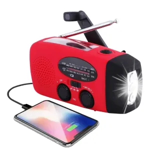 Portable emergency radio with flashlight and power bank solar, hand crank, USB-C load, waterproof, at/FM reception
