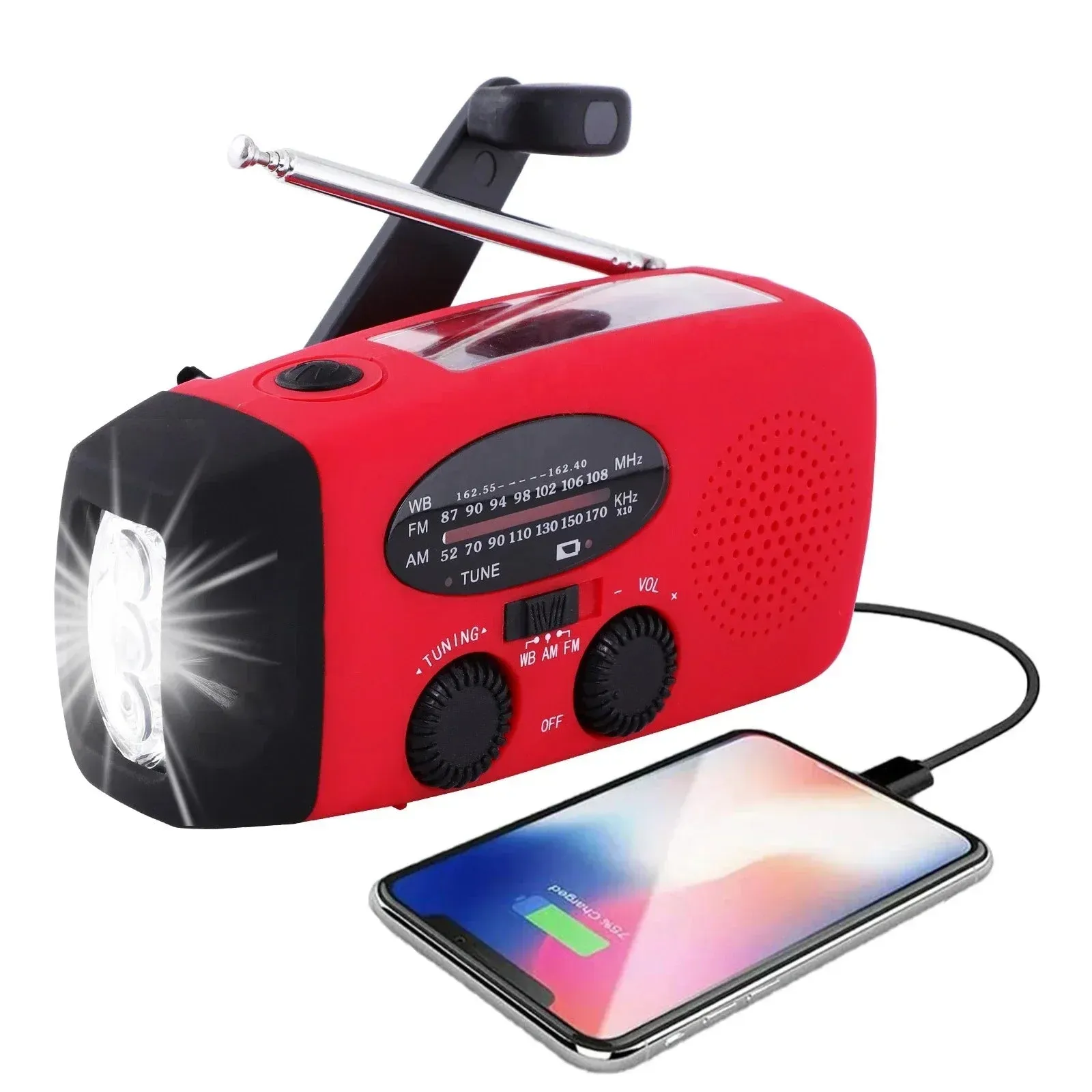 Portable emergency radio with flashlight and power bank solar, hand crank, USB-C load, waterproof, at/FM reception