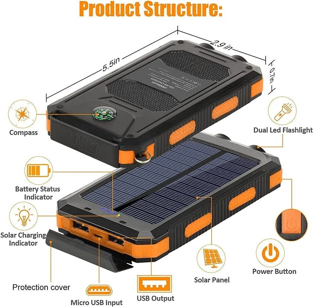 Portable External Solar Power Bank for Phone Tablet Dual USB Port