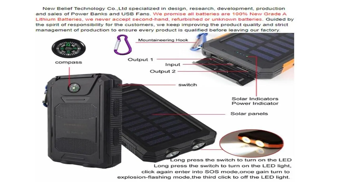 Portable External Solar Power Bank for Phone Tablet Dual USB Port