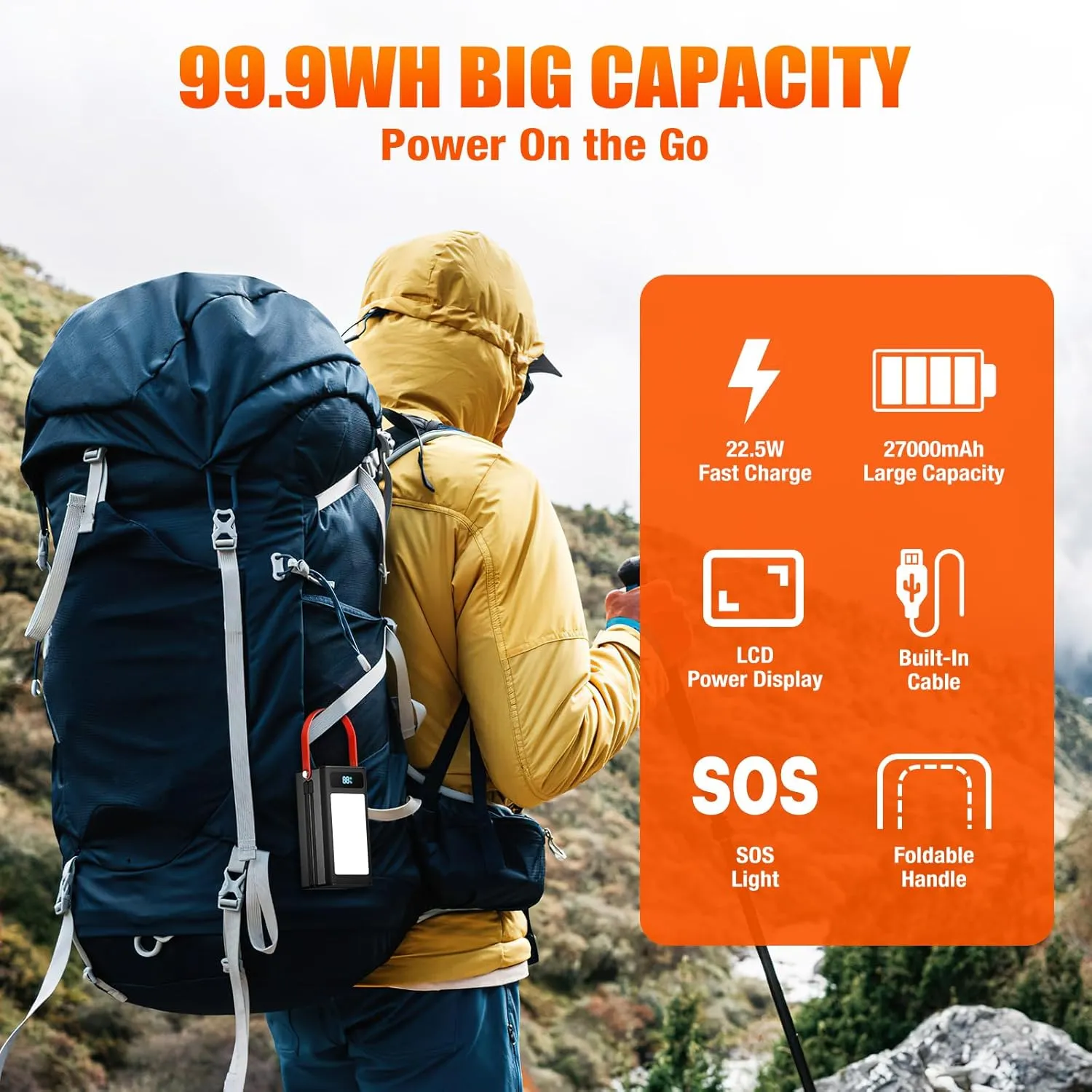 Portable Power Bank Station 99Wh Outdoor Generator LCD Display Backup Phone Battery Pack Portable PD Fast Charger for Laptop Cellphone Travel Camping Home Use with Full Flashlight