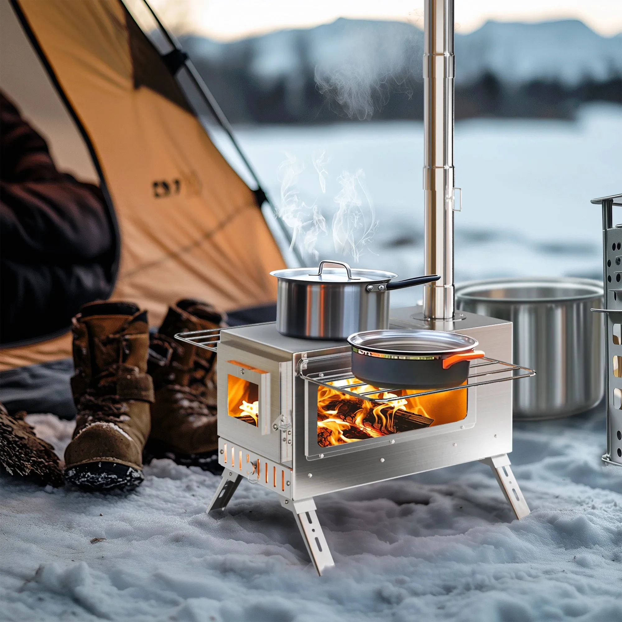 Portable Stainless Steel Wood Burning Tent Stove with 7 Chimney Pipes for Outdoor Heating