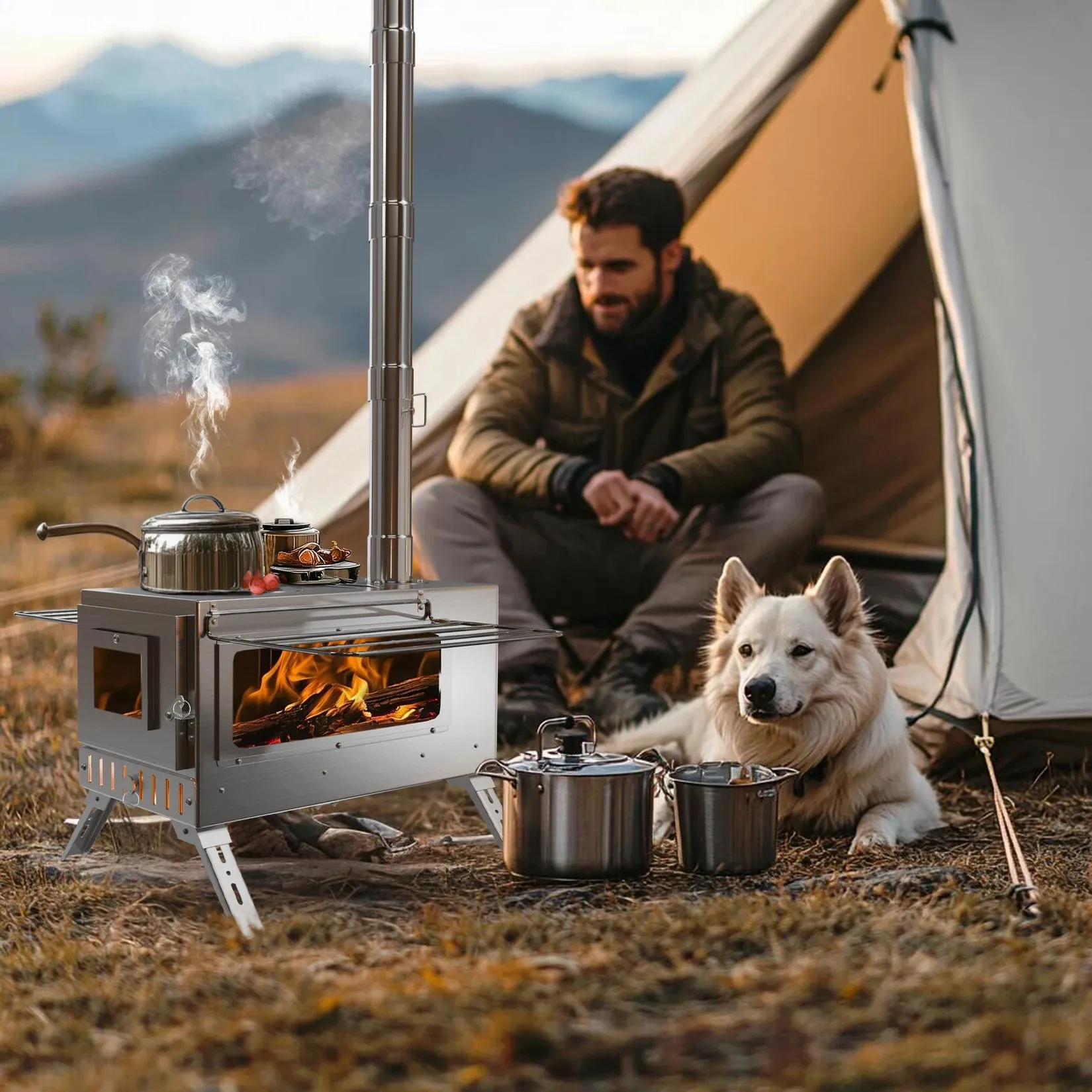 Portable Stainless Steel Wood Burning Tent Stove with 7 Chimney Pipes for Outdoor Heating