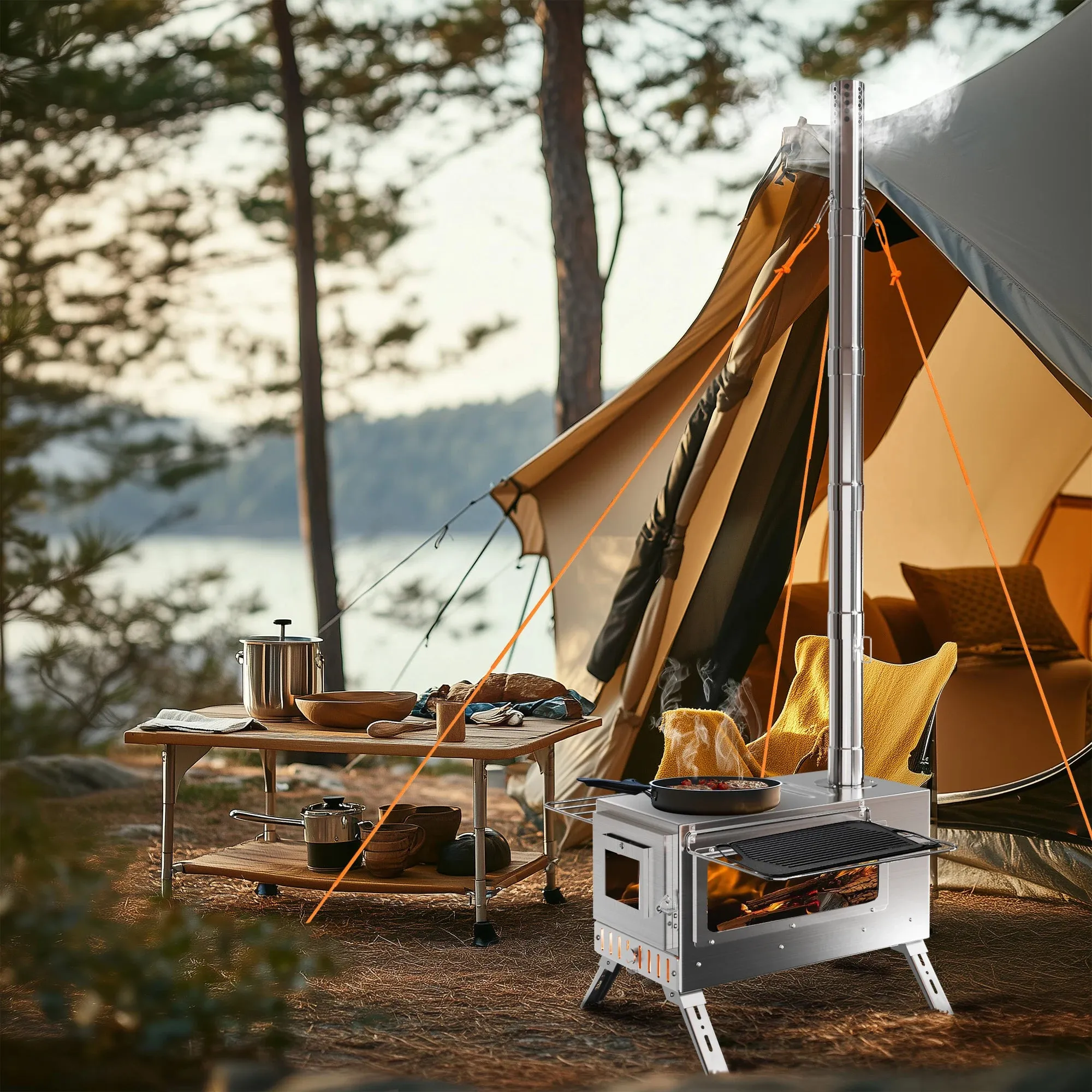 Portable Stainless Steel Wood Burning Tent Stove with 7 Chimney Pipes for Outdoor Heating