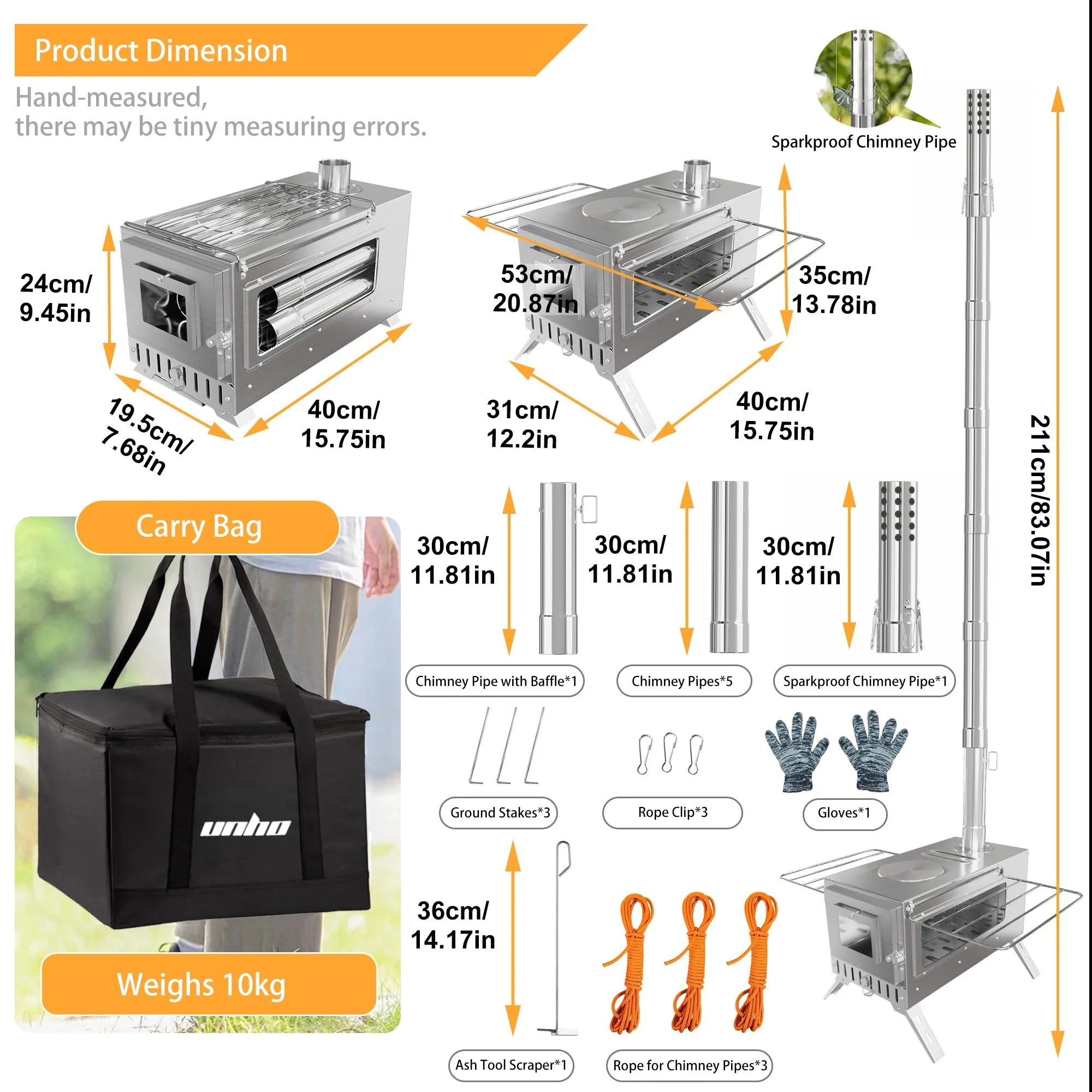 Portable Stainless Steel Wood Burning Tent Stove with 7 Chimney Pipes for Outdoor Heating