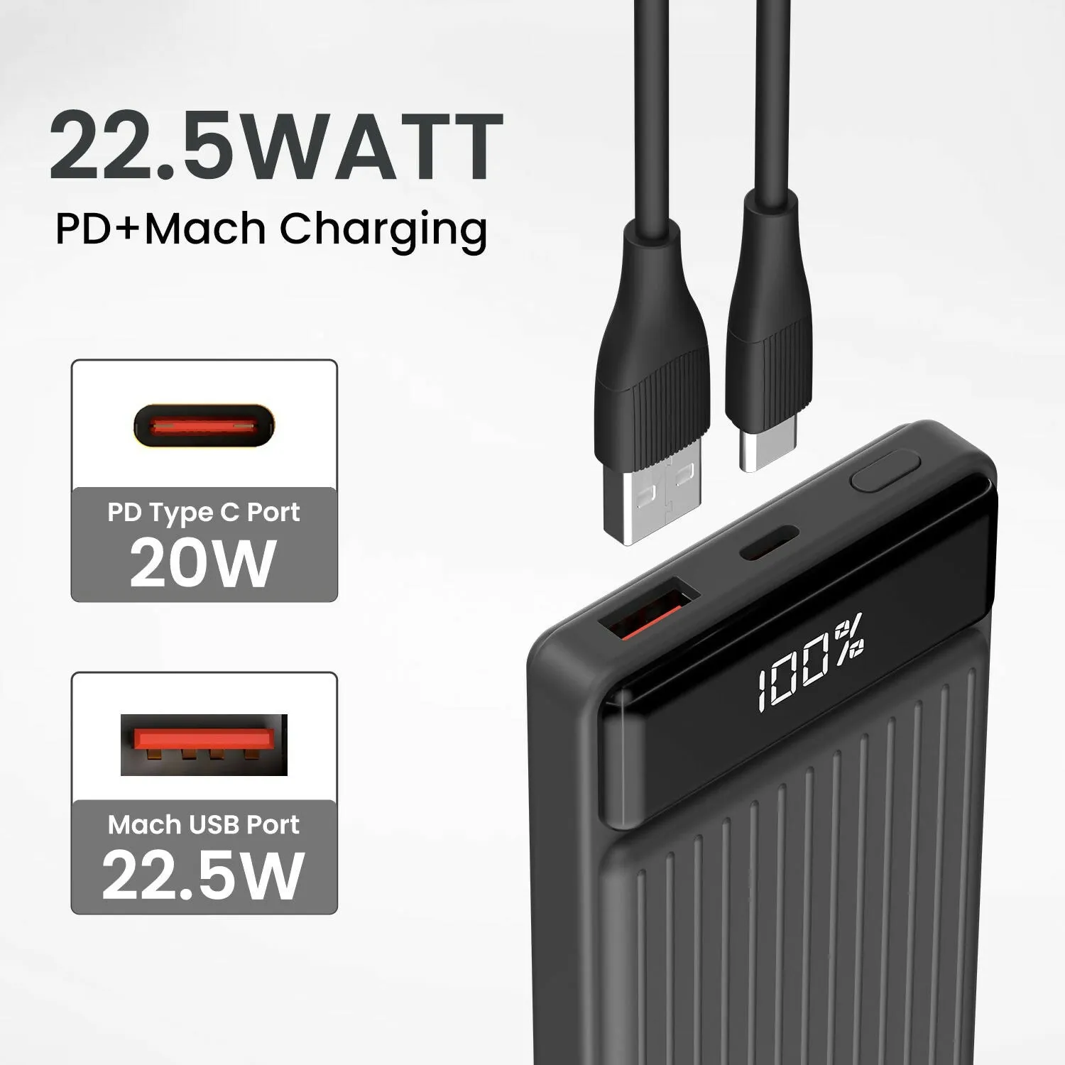 Portronics Luxcell B 10K Power Bank – 10000mAh, 22.5W Fast Charging, Ultra Slim Design (Black)