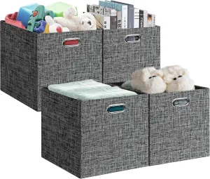 Posprica 13x15x13in Collapsible Storage Bins, Fabric Foldable Cube Storage Boxes, Decorative Storage Baskets Organizer for IKEA Kallax, Shelves, Closet, Clothes, Toy, Set of 4-Black