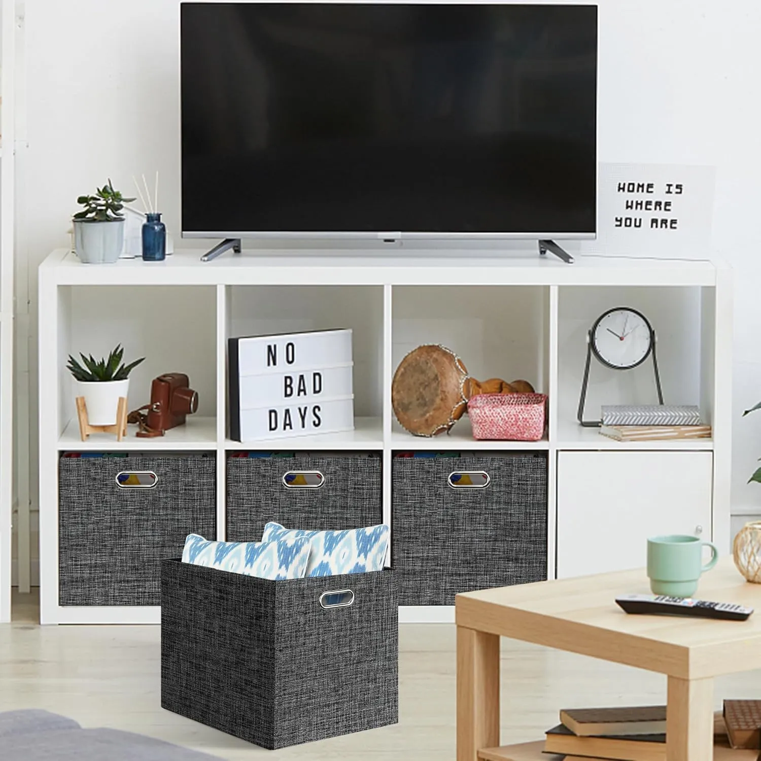 Posprica 13x15x13in Collapsible Storage Bins, Fabric Foldable Cube Storage Boxes, Decorative Storage Baskets Organizer for IKEA Kallax, Shelves, Closet, Clothes, Toy, Set of 4-Black