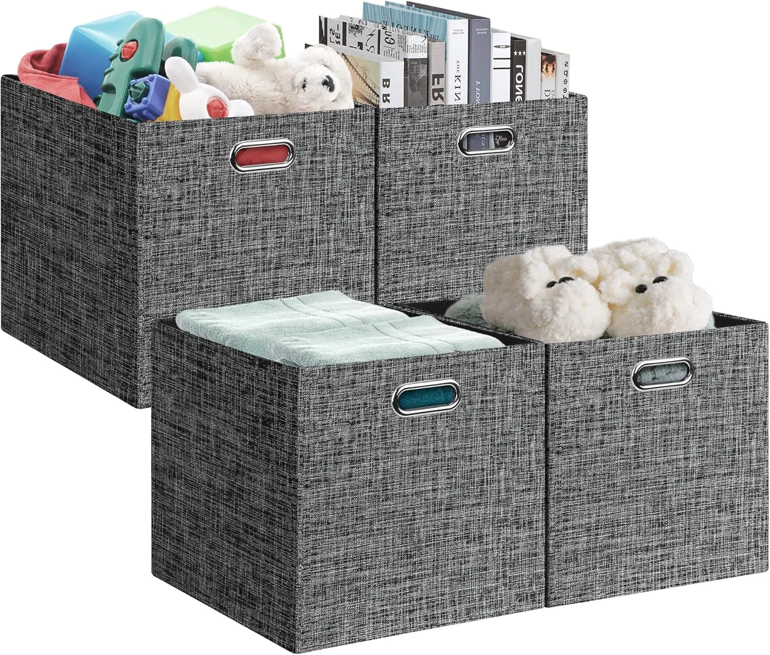 Posprica 13x15x13in Collapsible Storage Bins, Fabric Foldable Cube Storage Boxes, Decorative Storage Baskets Organizer for IKEA Kallax, Shelves, Closet, Clothes, Toy, Set of 4-Black