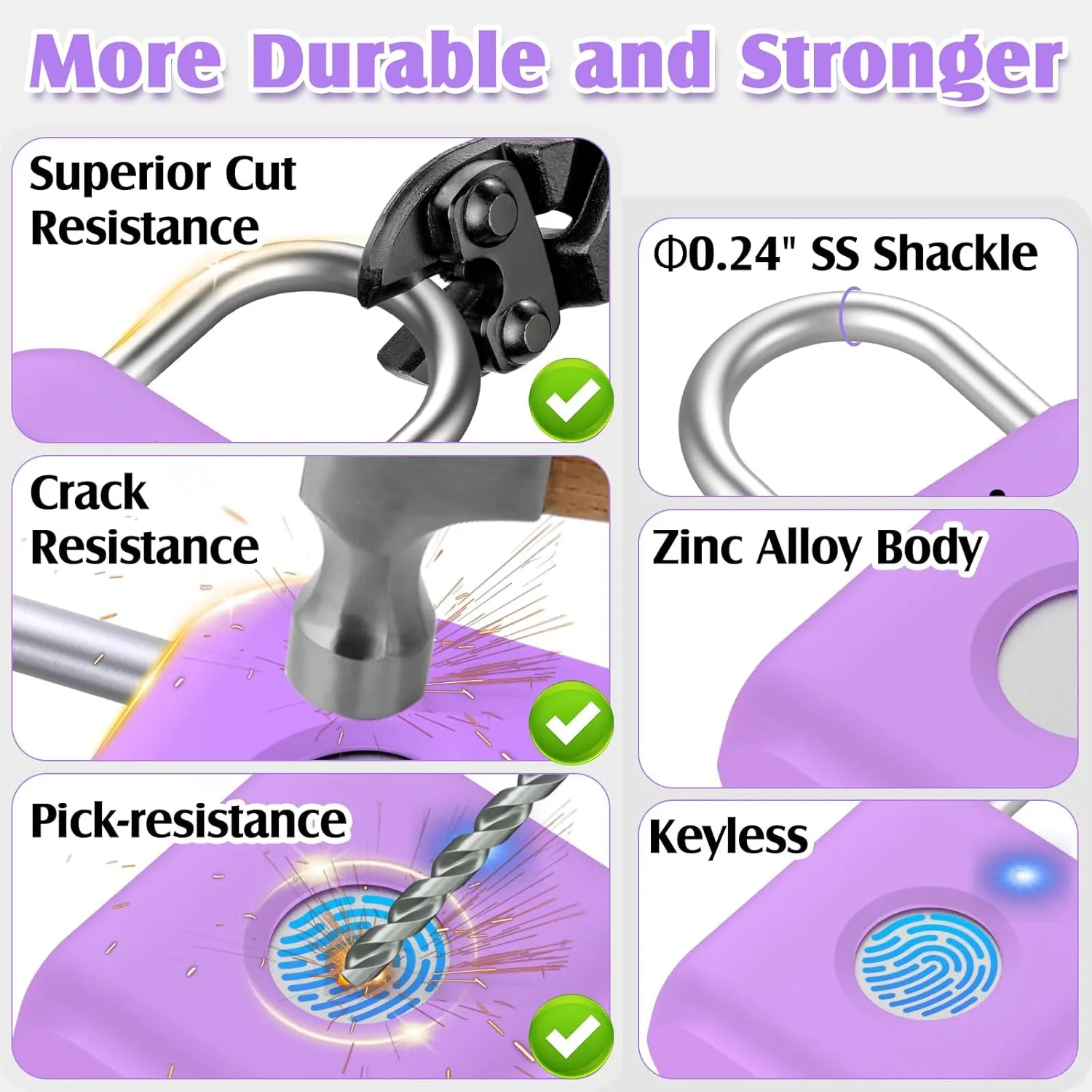 Pothunder Fingerprint Padlock, Smart Padlock, Locker Lock, Combination Fingerprint Lock with APP Unlock, USB Rechargeable, Suitable for Gym Locker(Lavender Purple)