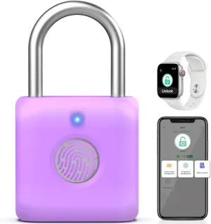 Pothunder Fingerprint Padlock, Smart Padlock, Locker Lock, Combination Fingerprint Lock with APP Unlock, USB Rechargeable, Suitable for Gym Locker(Lavender Purple)