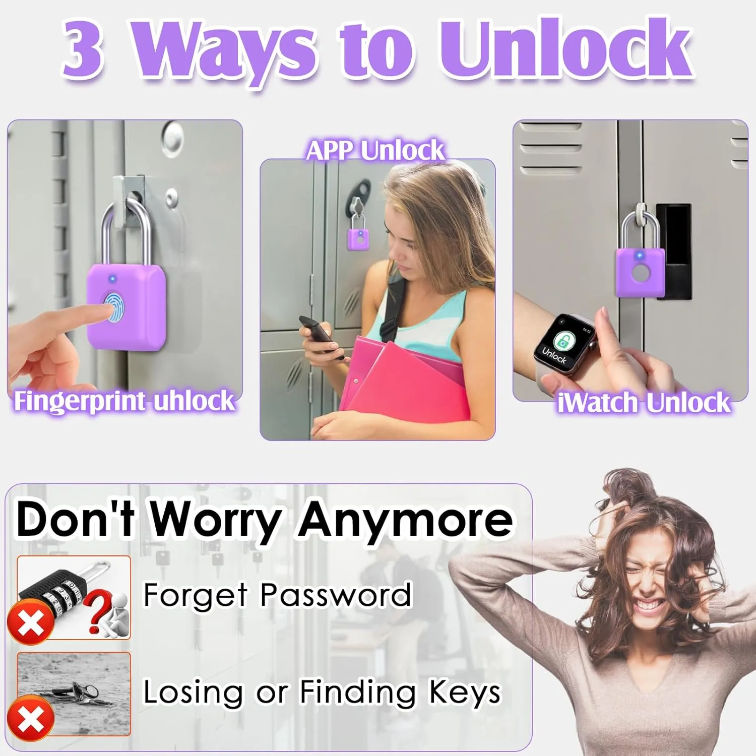Pothunder Fingerprint Padlock, Smart Padlock, Locker Lock, Combination Fingerprint Lock with APP Unlock, USB Rechargeable, Suitable for Gym Locker(Lavender Purple)