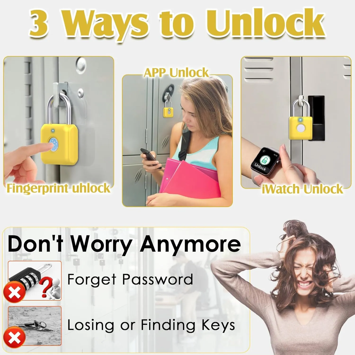 Pothunder Fingerprint Padlock, Smart Padlock, Locker Lock, Fingerprint Lock with APP Unlock, USB Rechargeable, Suitable for Gym Locker, Locker(Lemon Yellow)