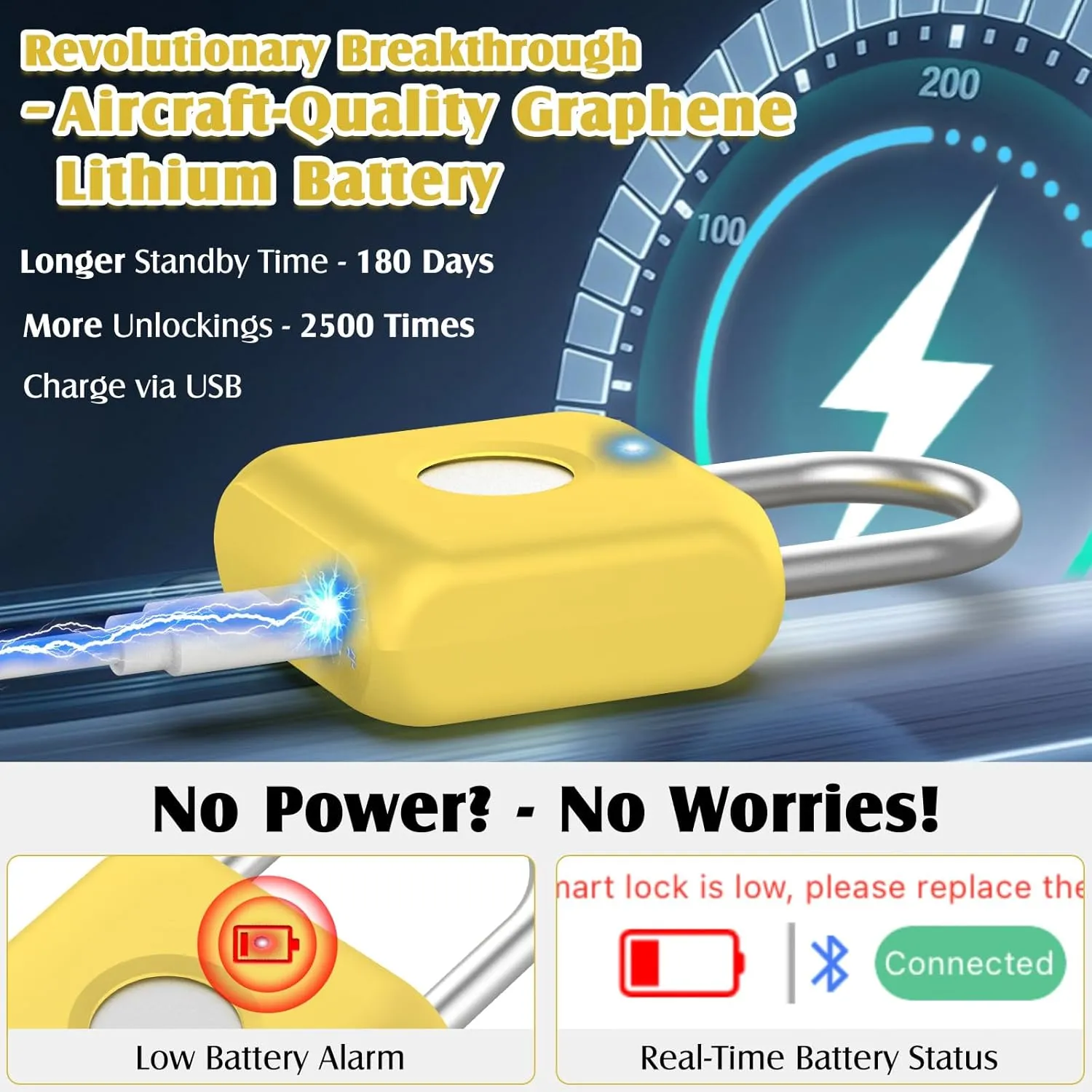 Pothunder Fingerprint Padlock, Smart Padlock, Locker Lock, Fingerprint Lock with APP Unlock, USB Rechargeable, Suitable for Gym Locker, Locker(Lemon Yellow)