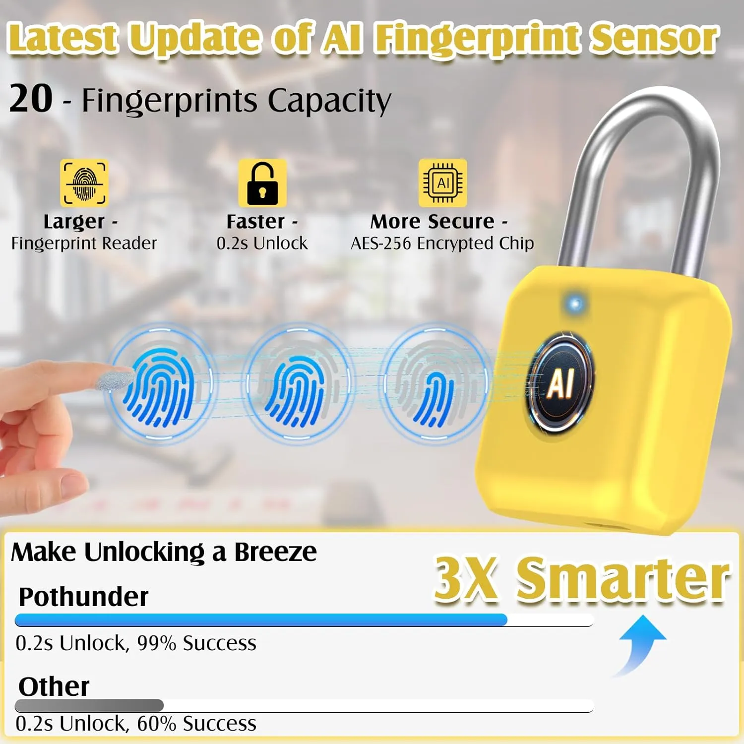 Pothunder Fingerprint Padlock, Smart Padlock, Locker Lock, Fingerprint Lock with APP Unlock, USB Rechargeable, Suitable for Gym Locker, Locker(Lemon Yellow)