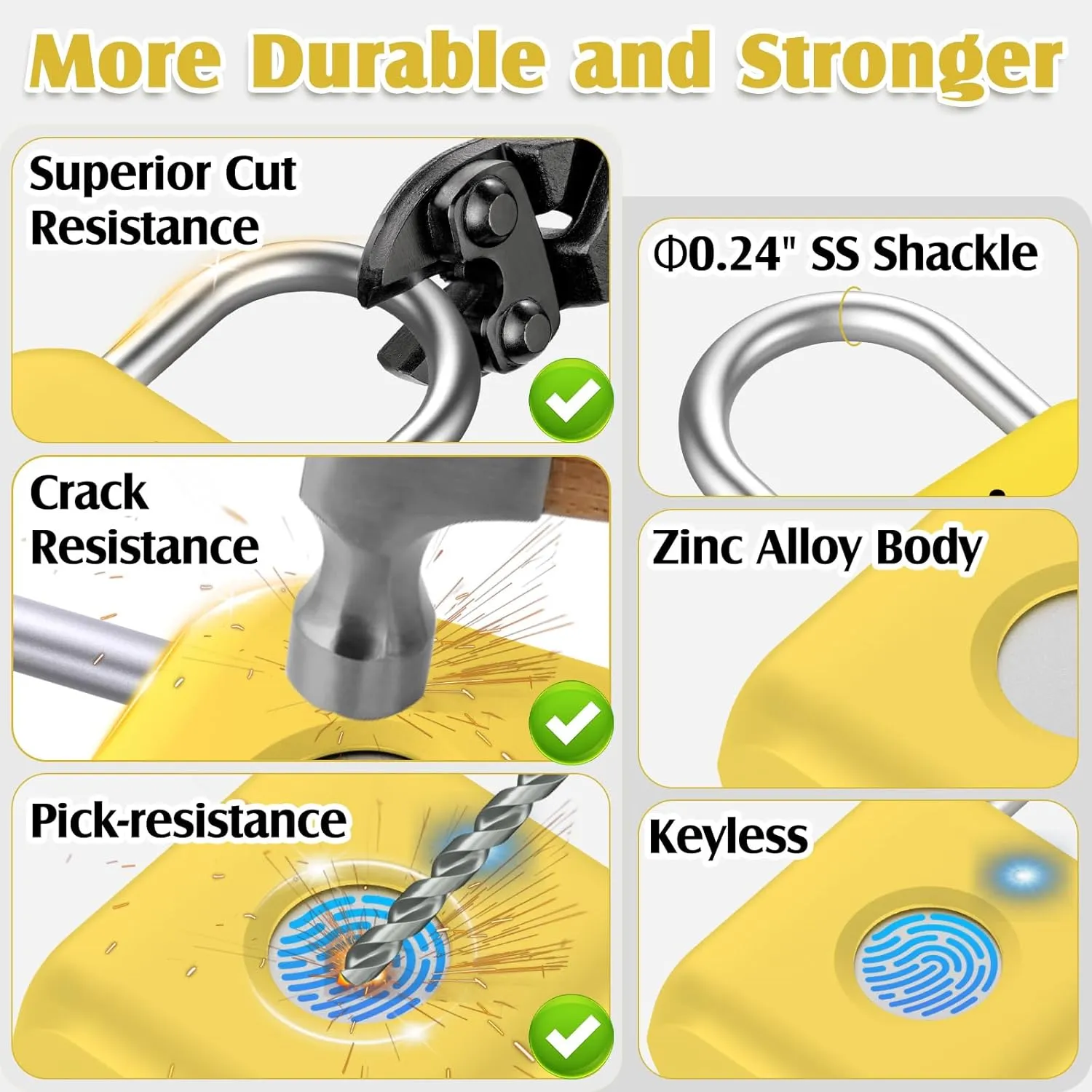 Pothunder Fingerprint Padlock, Smart Padlock, Locker Lock, Fingerprint Lock with APP Unlock, USB Rechargeable, Suitable for Gym Locker, Locker(Lemon Yellow)