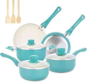 Pots and Pans Set Nonstick, 11pcs Kitchen Cookware Sets Induction Cookware, Ceramic Non Stick Cooking Set, Stay Cool Handle & Bamboo Kitchen Utensils, 100% PFOA Free, Turquoise