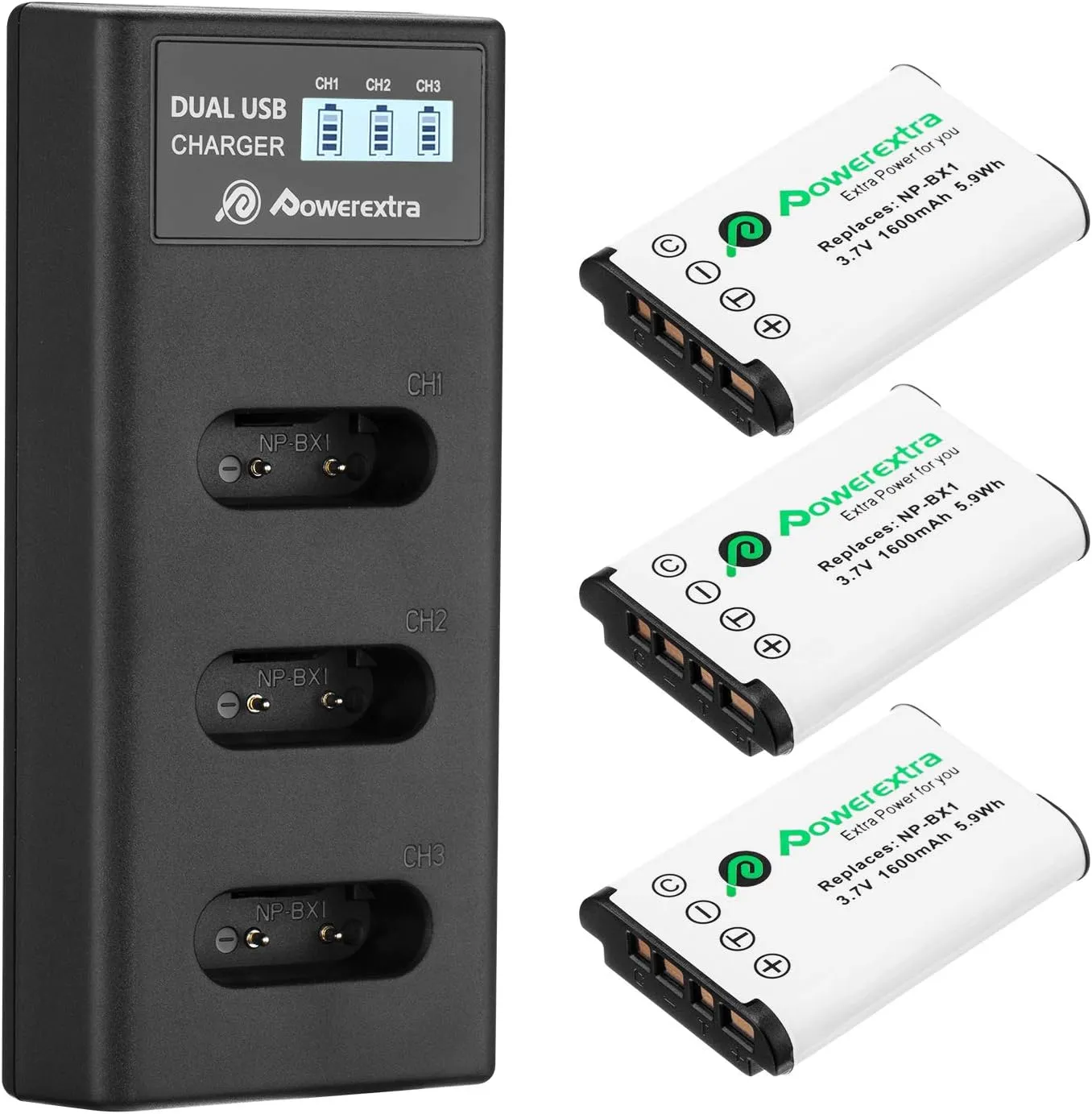Powerextra NP-BX1 Battery 3 Pack and 3-Channel USB Charger for Sony NP-BX1 and Sony Cyber-Shot DSC-RX100, DSC-RX100 II, DSC-RX100M II, DSC-RX100 III, DSC-RX100 IV, DSC-RX100 V/VII, ZV-1