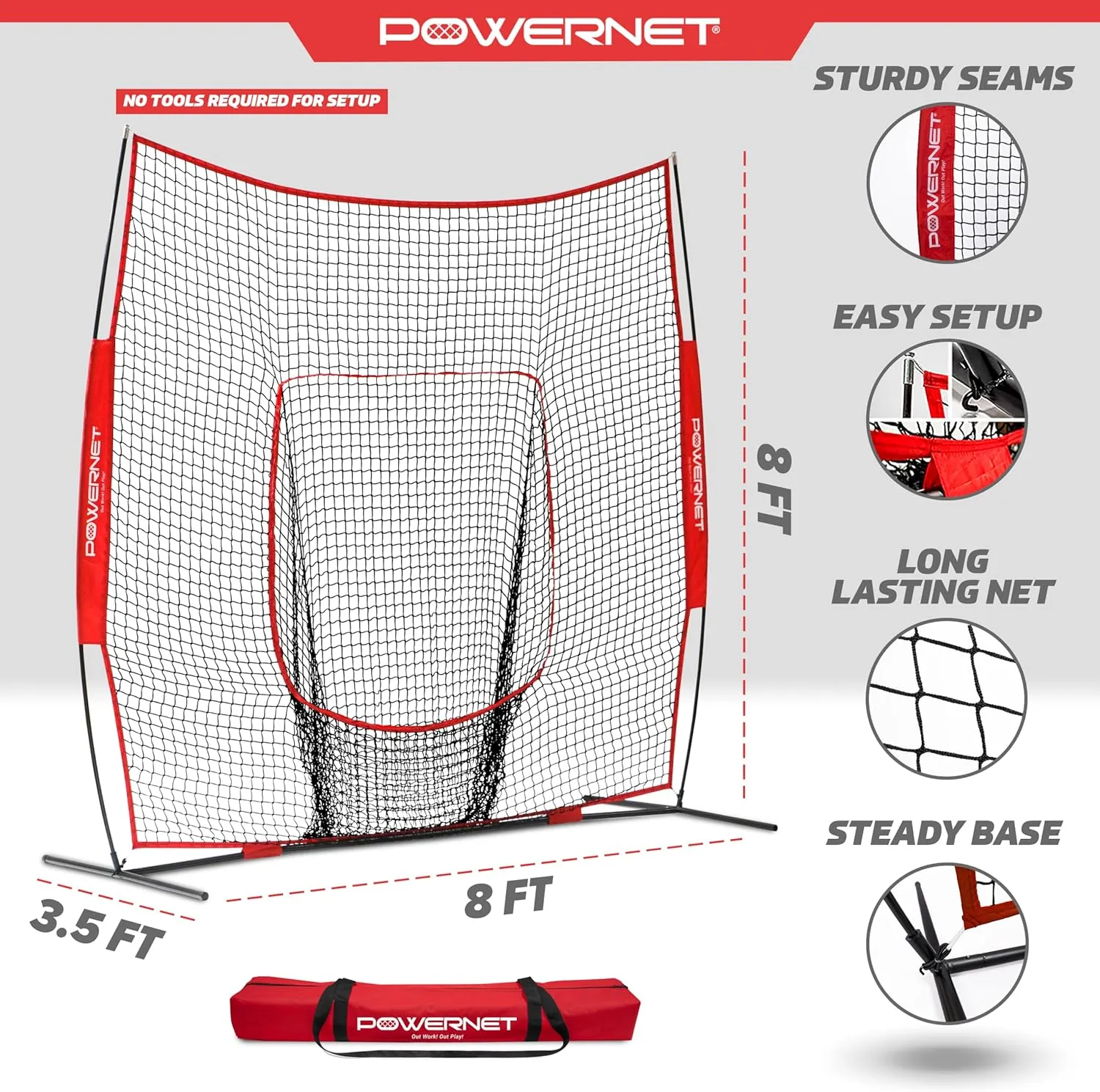 PowerNet Baseball Net, 8x8 FT Portable Baseball Training Equipment, Softball Baseball Batting Net, Throwing & Pitching Net with Carrying Bag